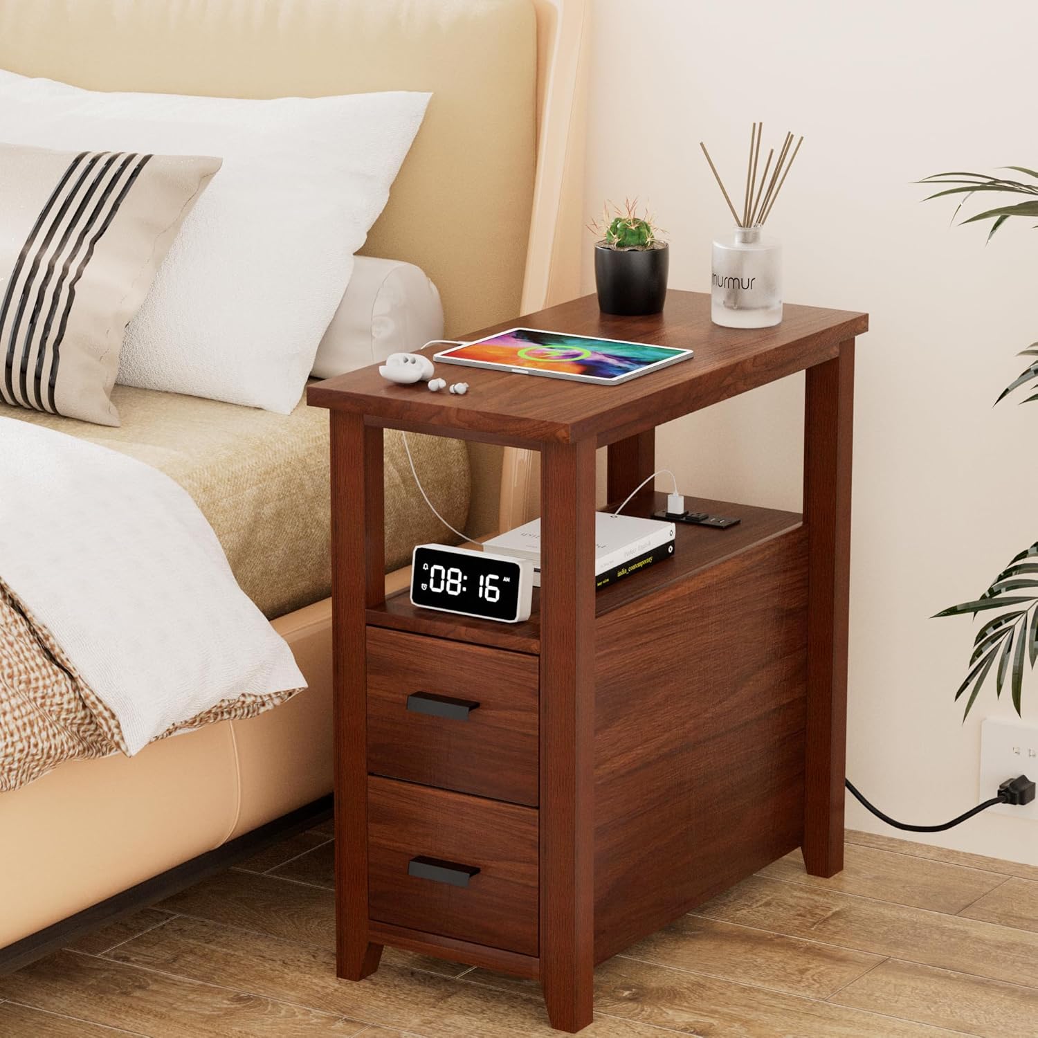 Nightstand with Charging Station, Narrow Side Table with Wooden Drawers and Storage Shelf, Bedside Table with USB Ports & Outlets for Bedrooms, Small Spaces, Walnut