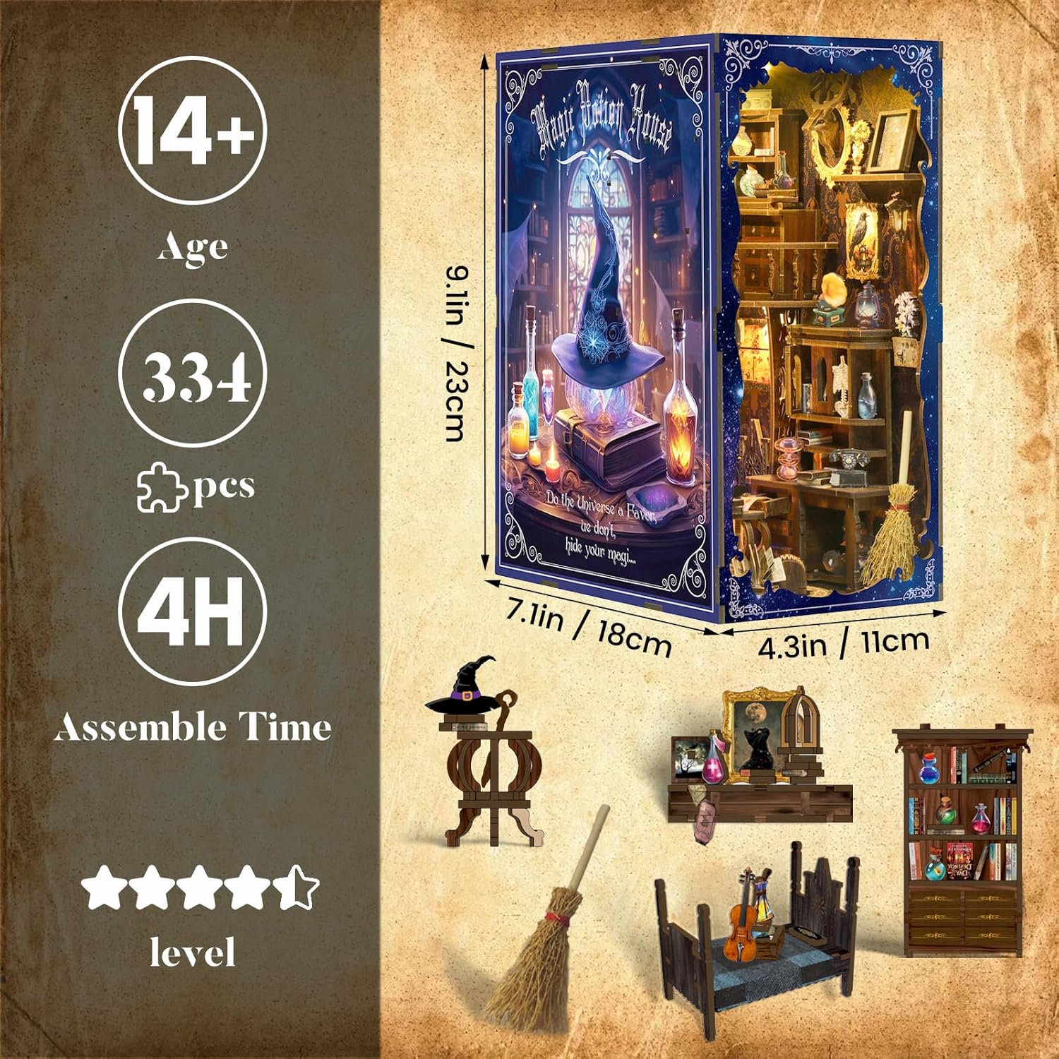 DIY Book Nook Kit for Adults, 3D Wooden Puzzle Bookshelf Insert Decor with LED Light & Stickers, Dust Cover,Miniature House Craft Gifts for Family,Friends and Book Lovers（Magic Potion House）