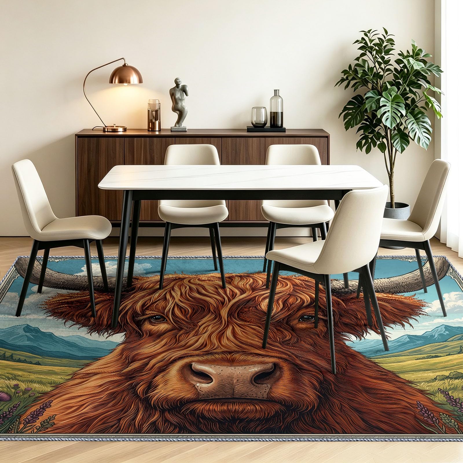 Tapis pour Chambre Dessin Animé Champêtre 80x150 cm, Tapis Antidérapant Prairie Vache Highland Ciel Bleu Modèle, Poils Courts Doux Lavable Moquette Décoration pour Descente de Lit, Couloir ou Cuisine
