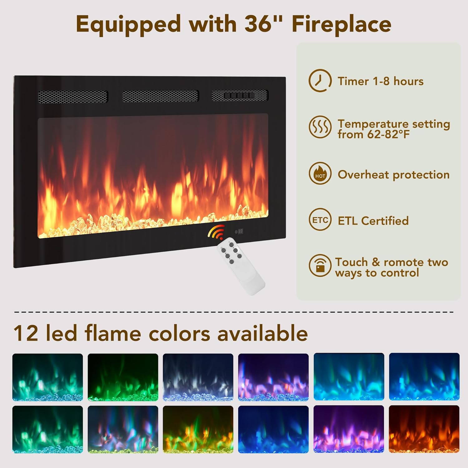 70" Fluted Fireplace TV Stand for 80" TV, TV Console Cabinet with Wavy Grain Doors & Adjustable Shelves, Remote & Touch Control Adjustable LED Light, Flame Colors&Temperature for Living Room - Image 5