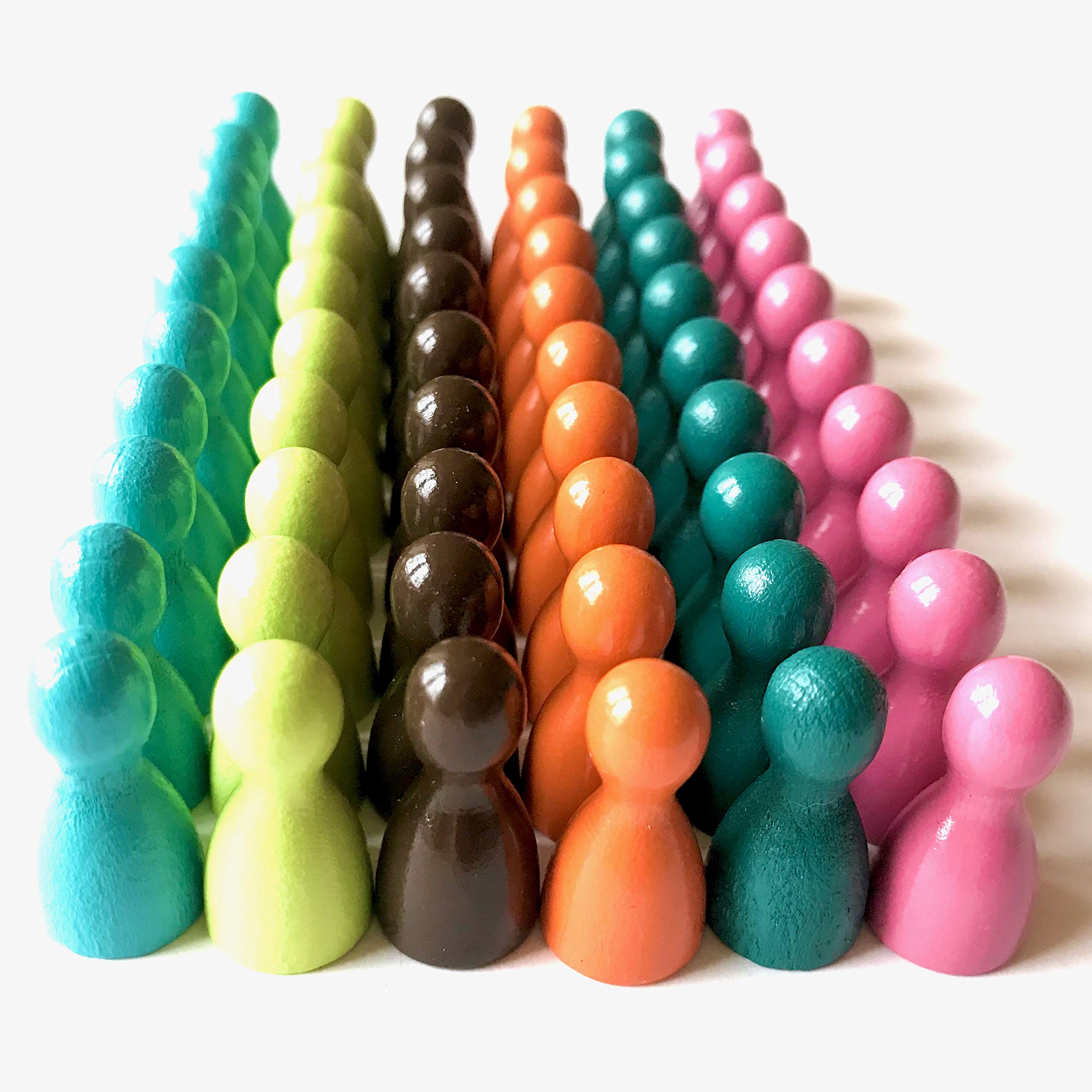 Wooden Toy Figures for Board Games, Colourful Mix, Special Colours, Halma Gel, Size 12/24 mm, Pack of 60 (6 x 10) (Grandma's Sofa: Mandarin, Dusky Pink (= Pink), Lemon, Light Turquoise, Turquoise,