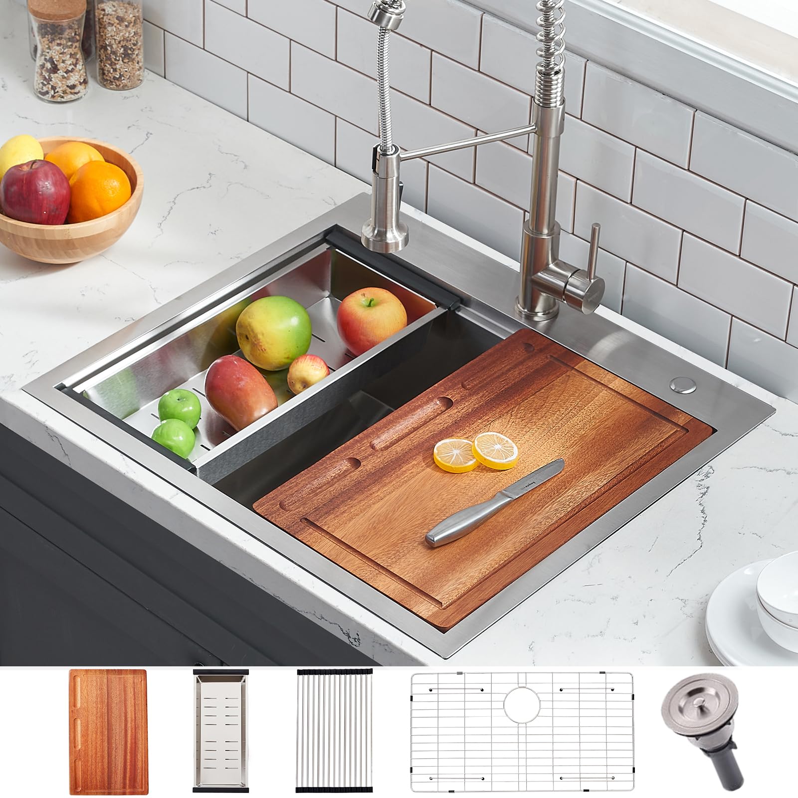 Photo 1 of 25 Inch Drop in kitchen Sink - 25"x22"Topmount Ledge Workstation Kitchen Sink 16 Gauge Handmade Stainless Steel Deep Single Bowl Kitchen Sink with All Accessories for Kitchen Laundry Utility Farmhouse Brushed Nickel