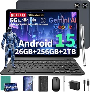 YLEEBG 2026 10.1 Inch Android 15 Tablet with Keyboard, 26GB RAM 256GB ROM, 8000mAh Battery, 2-in-1 PC w/ Mouse Case Stylus Green