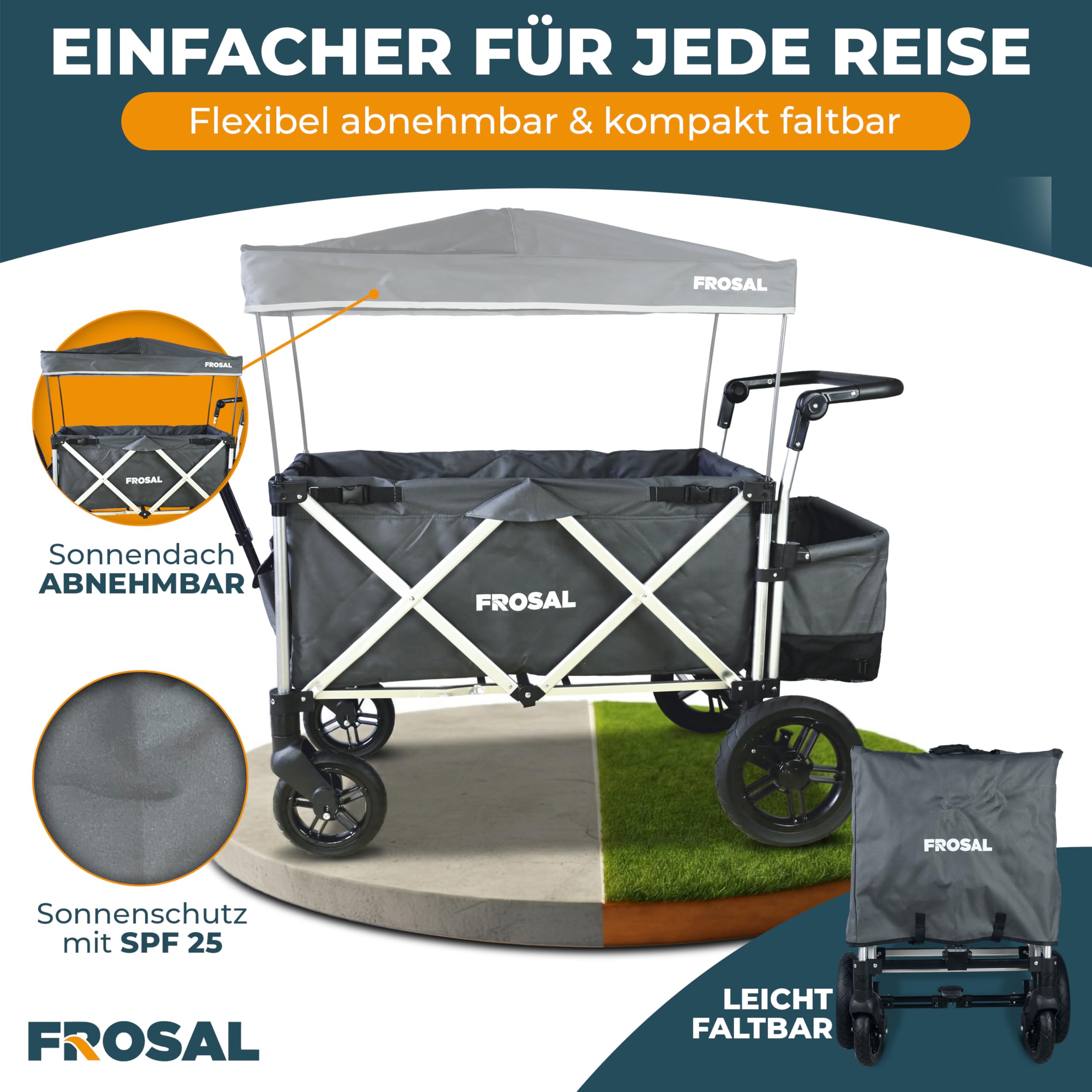 FROSAL Bollerwagen Victor faltbar mit Dach & Bremse – Handwagen klappbar für Kinder, Garten, Camping & Strand – 80kg belastbar, 360° Räder, viel Stauraum, Transportwagen mit Sonnendach