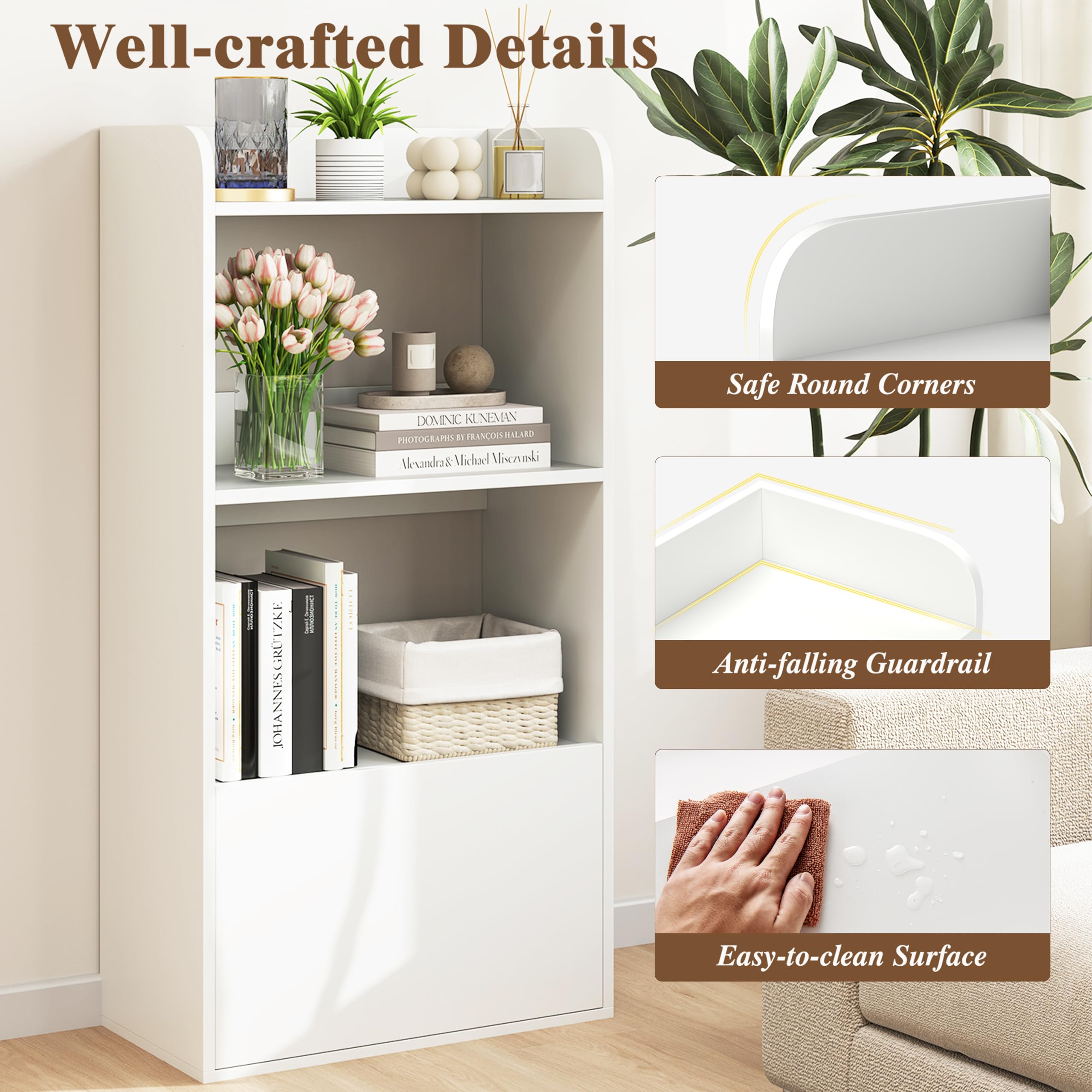 HOMASIS Bücherregal mit 3 Ebenen & Schubladen, Standregal aus Holz, offenes stehendes Regal, Bücherschrank Aktenregal Aufbewahrungsregal Anti-Kipp für Wohnzimmer Büro Küche, 55 x 29 x 105 cm (Weiß)