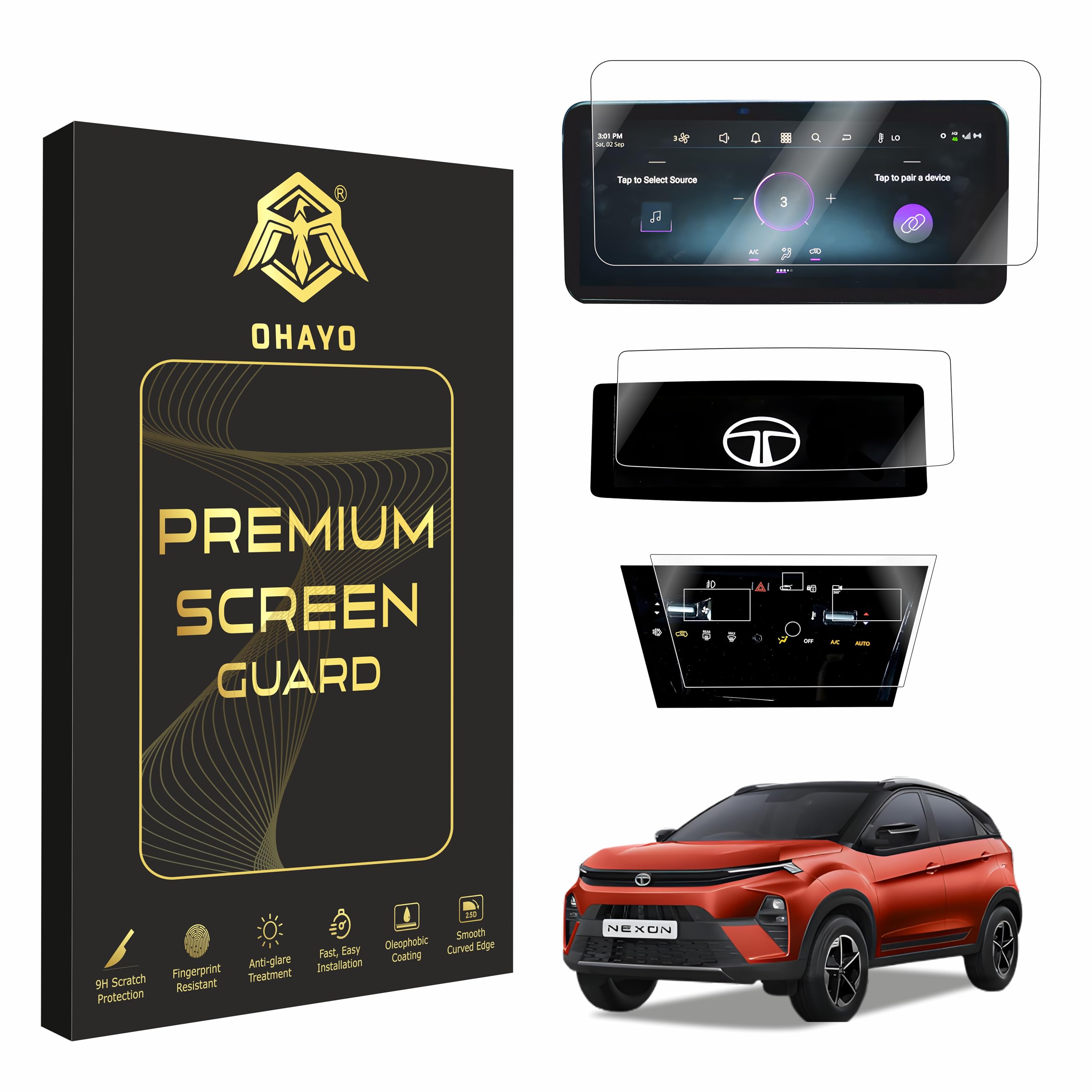 OHAYO 3 Pack Screen Protector for Tata Nexon 2024 Creative+ & Creative+ S | 10.25" Infotainment (Round Corners) + Steering Control + AC Panel Edge-to-Edge Protection | 9H Hardness, Military Strength, Scratch Resistant, HD Clear | Not Tempered Glass-image-2