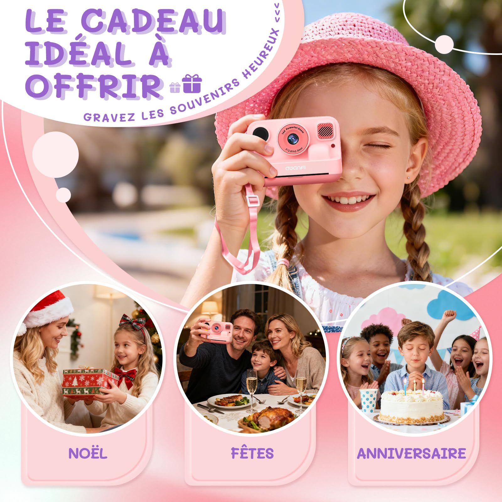 Appareil Photo Instantané Enfant Cadeau Jouet Fille Garçon 3-12 Ans, AWANFI Caméra Numérique Vidéo 1080P Carte 32GB avec 3 Rouleaux de Papier et Impression APP Bluetooth