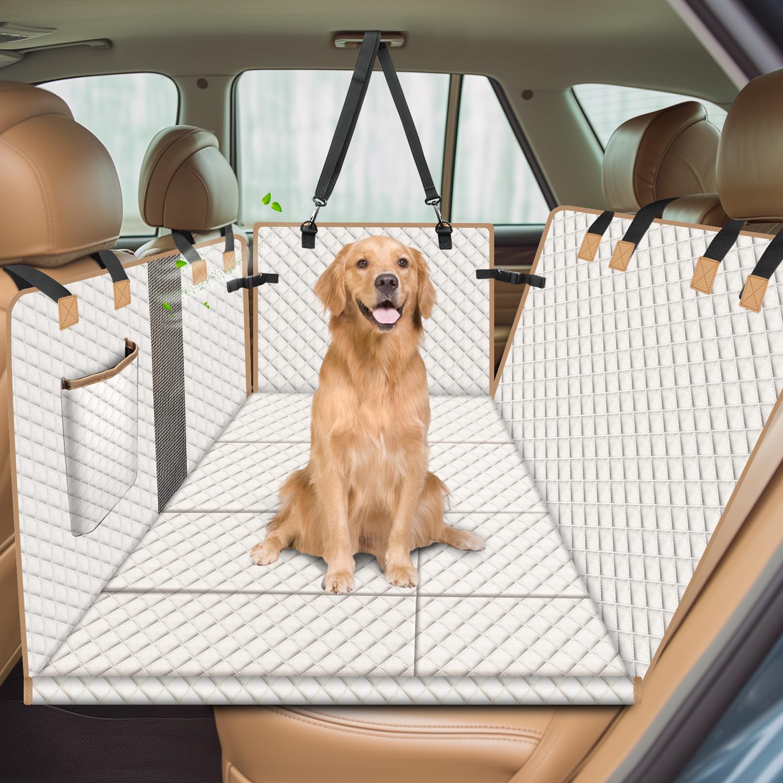 Funda Asiento Coche Perro,Funda Coche Perro Impermeable 3 en 1 | con 4 Bases de Madera Reforzada,Antideslizante, Antiarañazos, para SUV/Sedán/Camionetas (L, Beige)