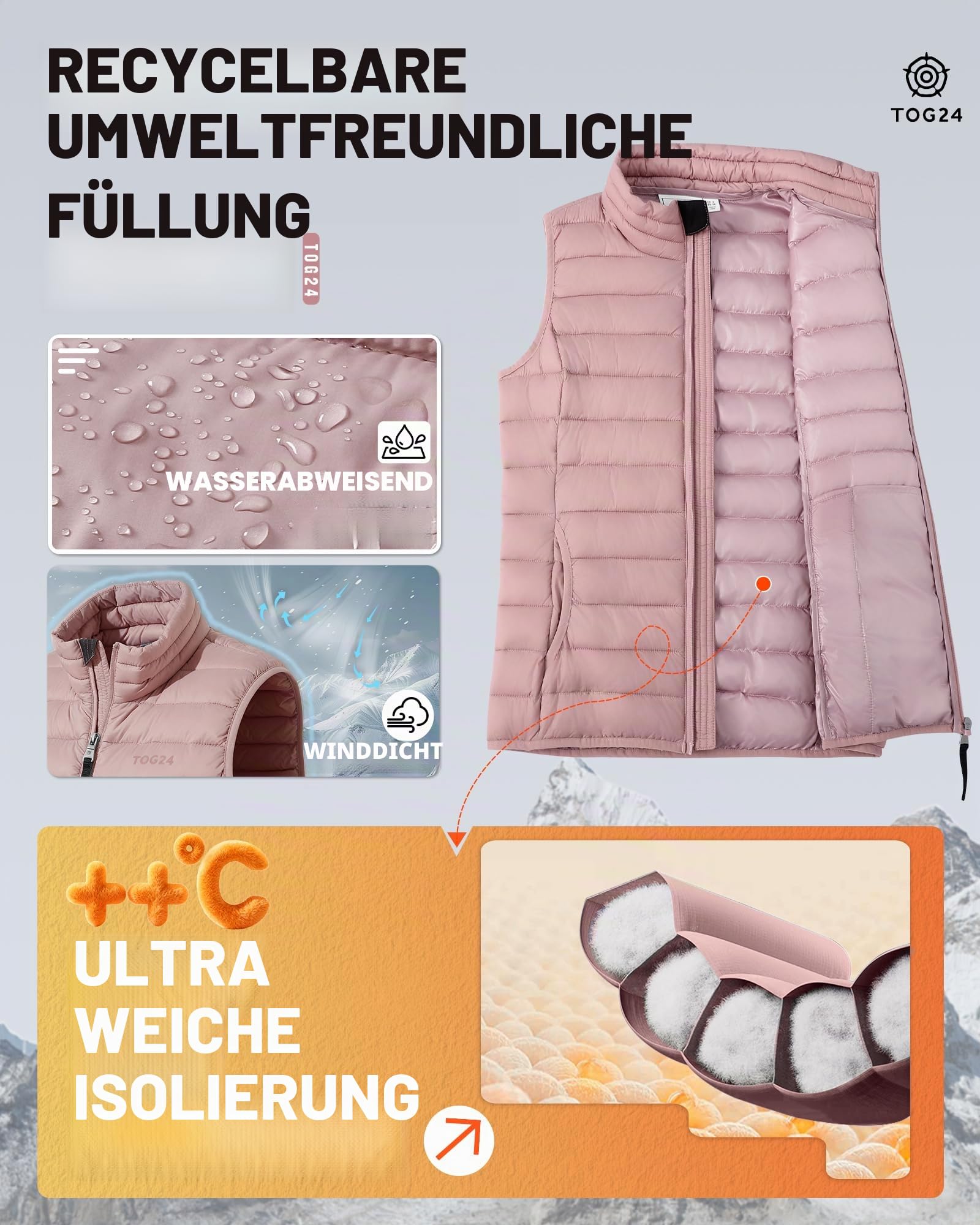 TOG24 Damen Weste Steppweste Leicht Übergangsweste Ärmellos Laufweste Warme Daunenweste Pufferjacke Bodywarmer Outdoor Sportweste für Wandern Radfahren