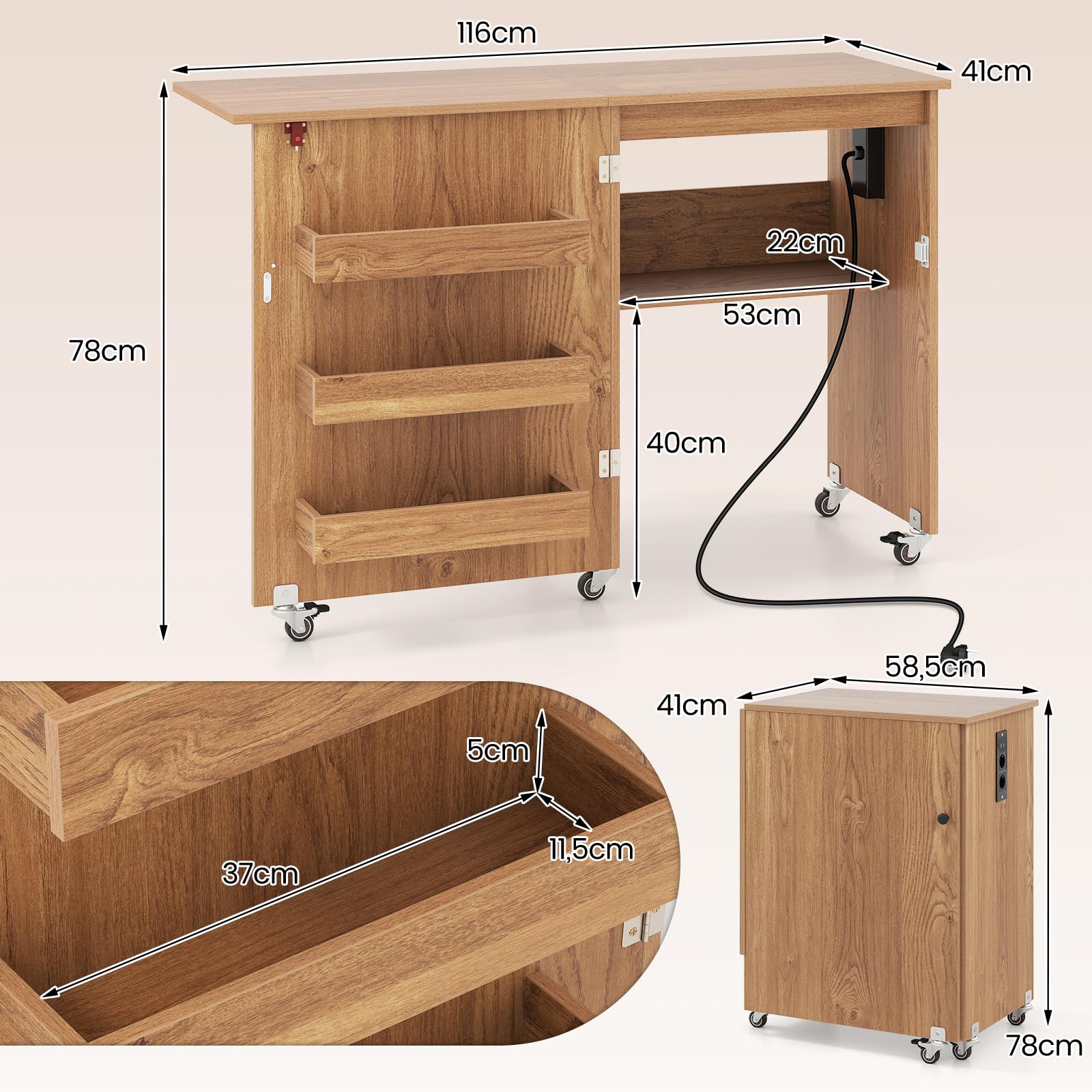 COSTWAY 2 in 1 Nähtisch klappbar mit Ladestation, Nähmaschinenschrank aus Holz mit Regalen, Nähschrank mit abschließbaren Rädern, Nähmaschinentisch Basteltisch für Wohnzimmer, Schlafzimmer (Natur)