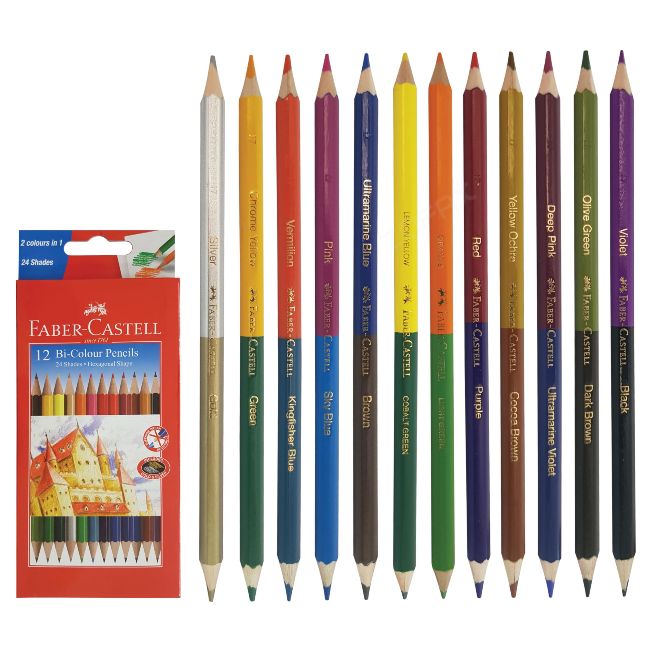 Faber-Castell Bi-Colour Pencils, MULTICOLOUR, Box of 12, VIVID Colouring Pencil, 24 Shades - 12 Pencils, Draw Sketch Write Colour, Easy to Sharpen, Perfect for School Home Classroom Use