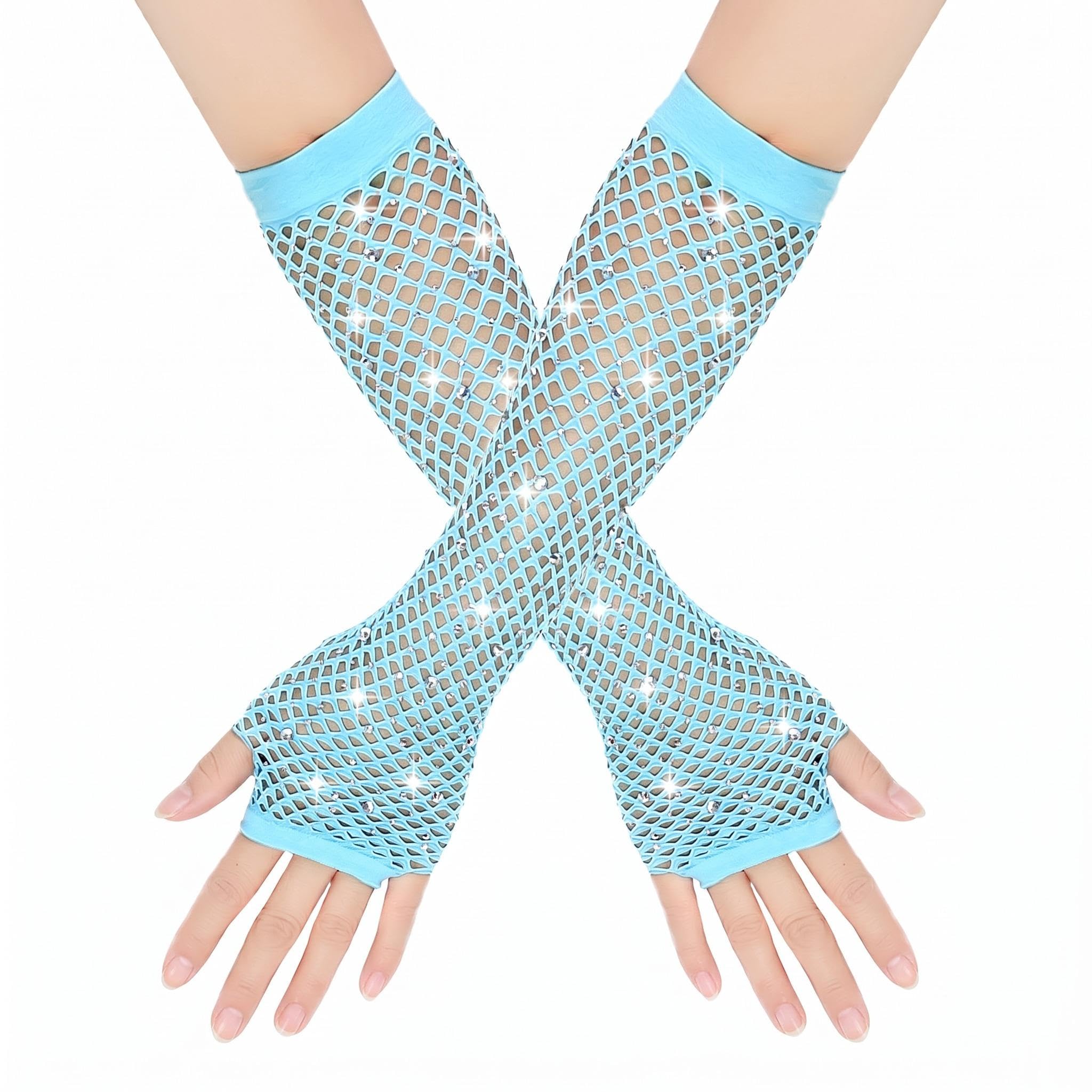 FEWOFJ Rhinestone Fingerless Fishnet Gloves 80s Costume Halloween for Women Blue