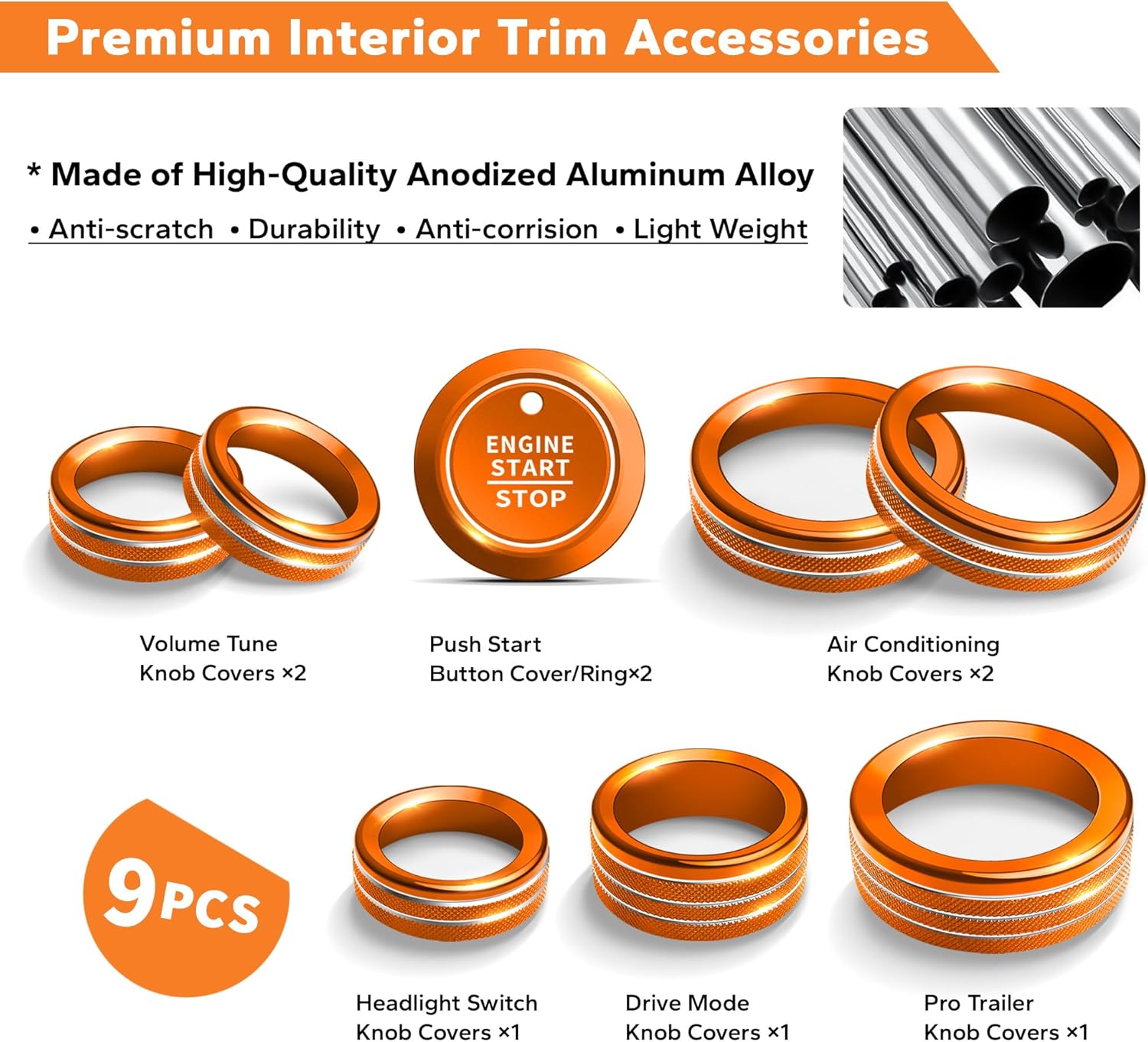 for Ford F150 Accessories 2021-2025 2026 & Super Duty F250 F350 F450 2023-2026, 9pcs Aluminum Alloy Knob Cover Trim Set - Push Start, A/C, Volume, Headlight, Trailer & Drive Mode (Orange)