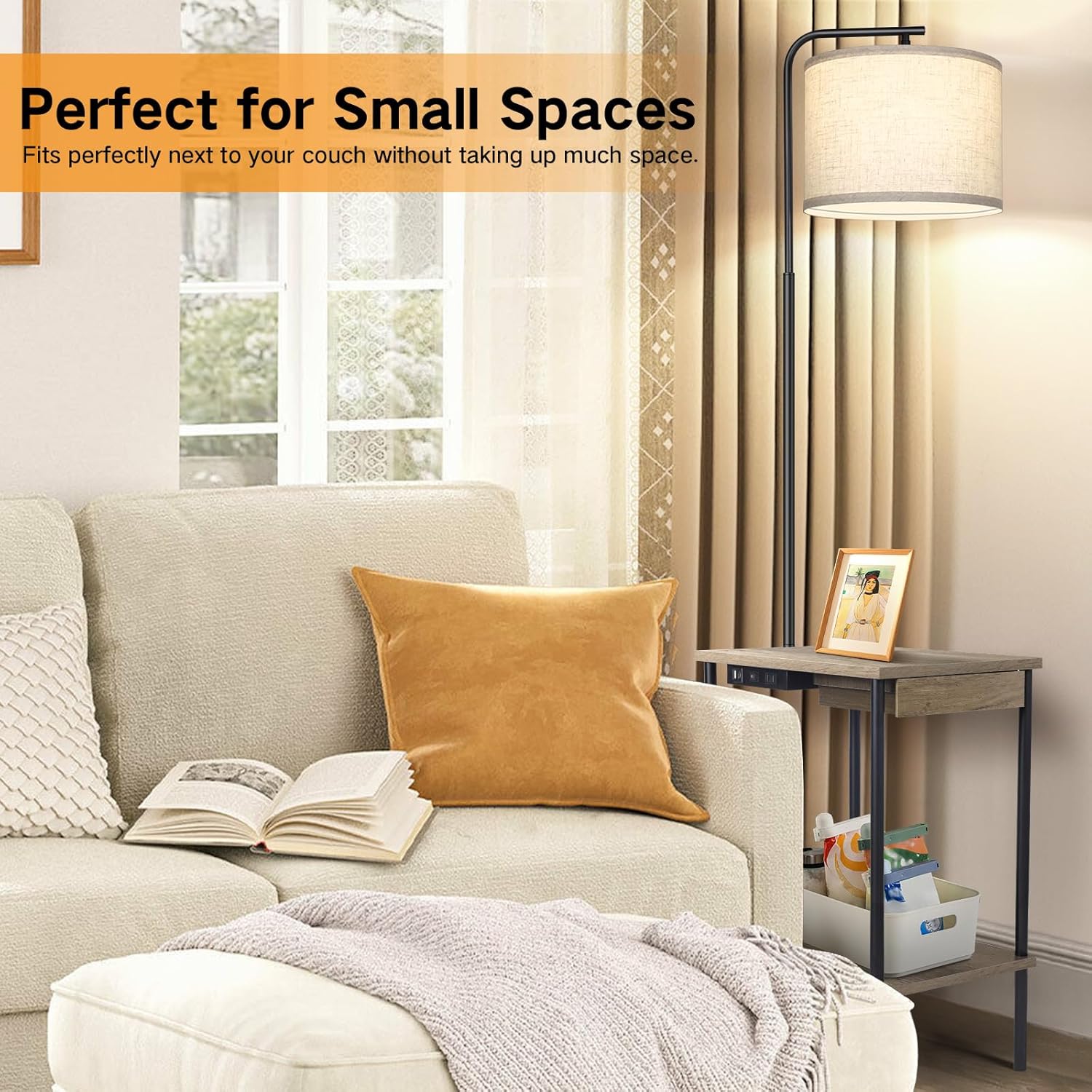 OUTON Floor Lamp with Table, End Table with Lamp Attached for Bedroom, Type C Charging Port, AC Outlet, Side Table with Lamp for Living Room, Nightstand with Drawer, Dimmer & 4 Color Temperature