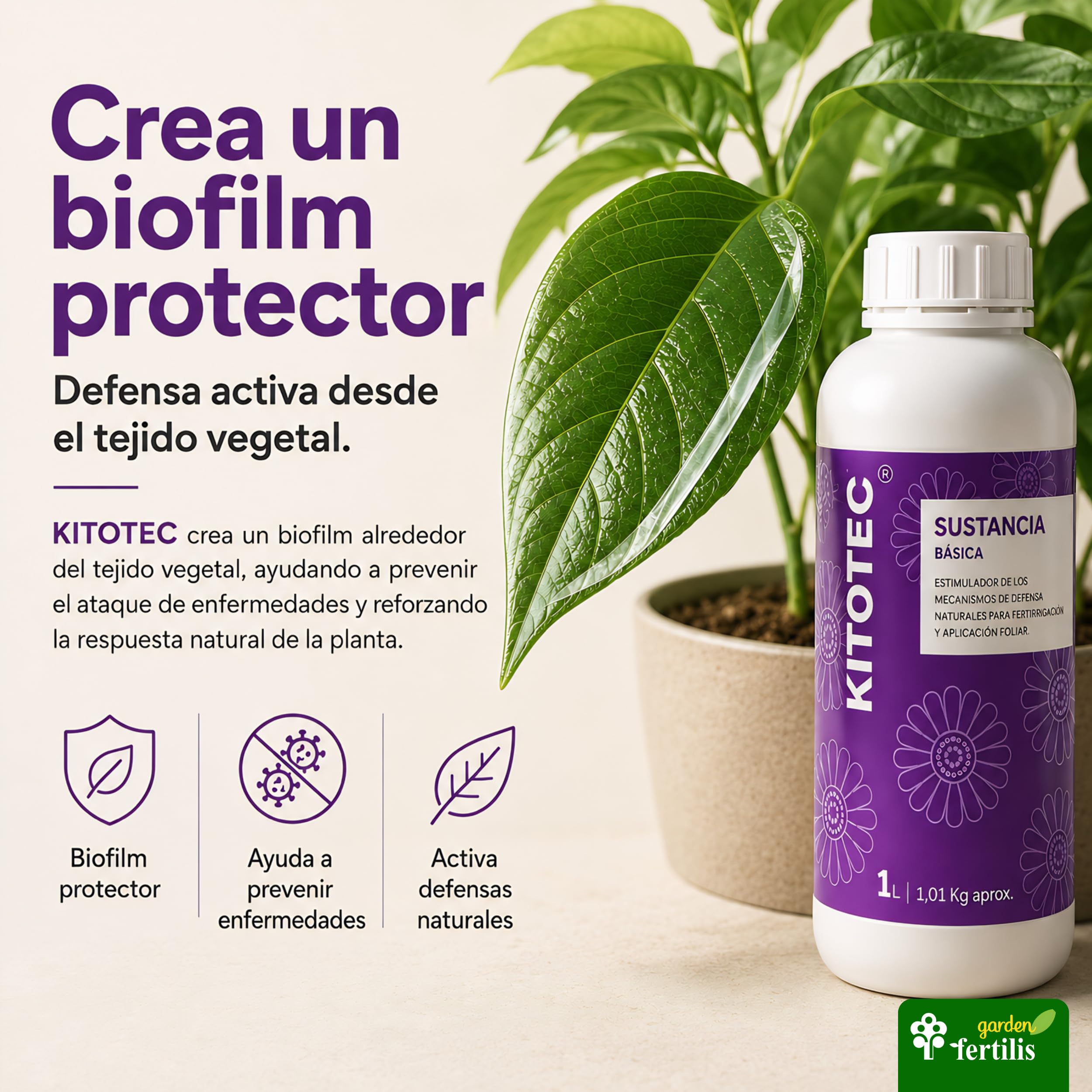 BC Fertilis KITOTEC | Fertilizante Ecológico Profesinal 1L con Quitosano 5%. Crea un Biofilm Protector Natural contra Hongos e Insectos. Eficaz Frente al Estrés Hídrico y Térmico. Certificado CAAE