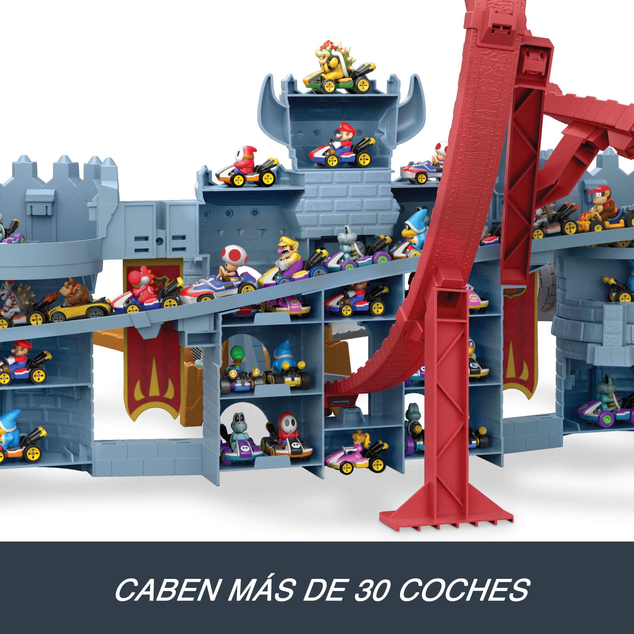 Hot Wheels Mario Kart Castillo de Bowser Conjunto de juego de pistas y coche de juguete metálico a escala 1:64 de Kamek, juego interactivo, capacidad para almacenar más de 30 vehículos, JHD24
