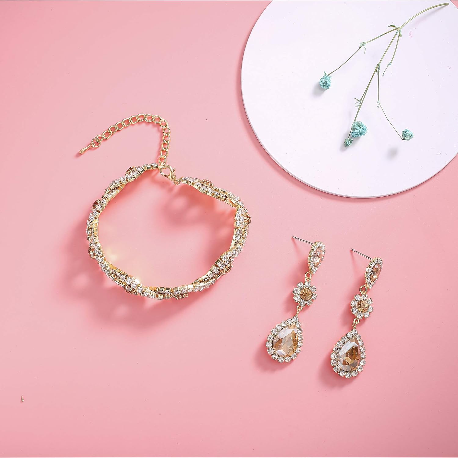 Silver/Gold Plated Bridal Wedding Rhinestone Earrings Bracelet Set for Wedding Brides Bridesmaids Crystal Stone Dangle Drop Earrings Link Tennis Bracelet Set for Women Wedding Champagne - Bracelet and Earrings Set image 7 of 8 B07TJG1V5Q