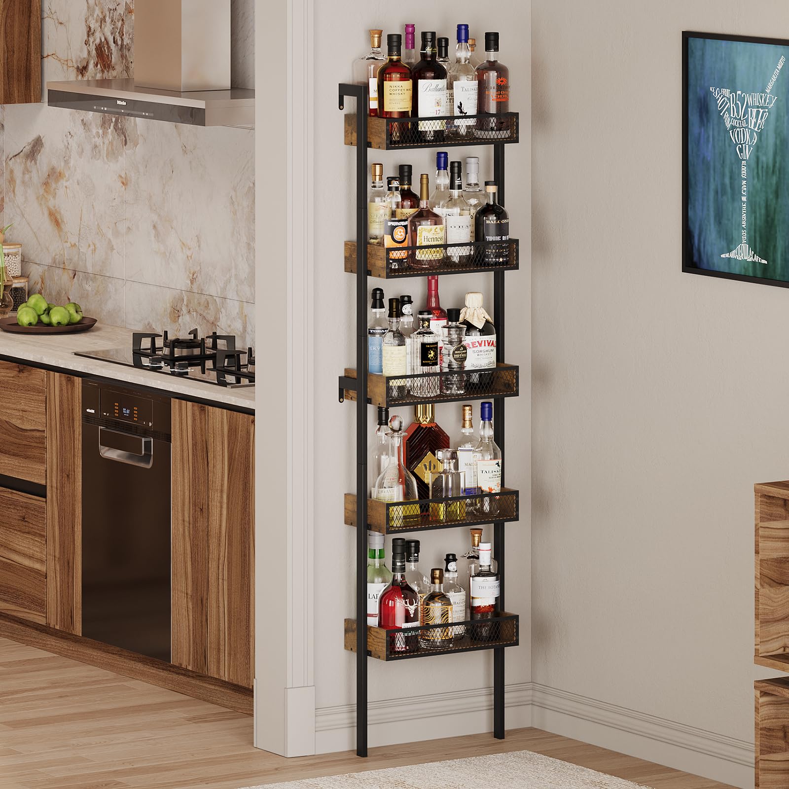 VEDECASA 5‑Stufiges Weinregal & Liquor Stand – Freistehendes Flaschenregal & Wand‑Display Regal für Wein & Spirituosen – Rustik‑Braun Holz/Metall Dekor – Bar, Küche & Wohnzimmer Weinständer