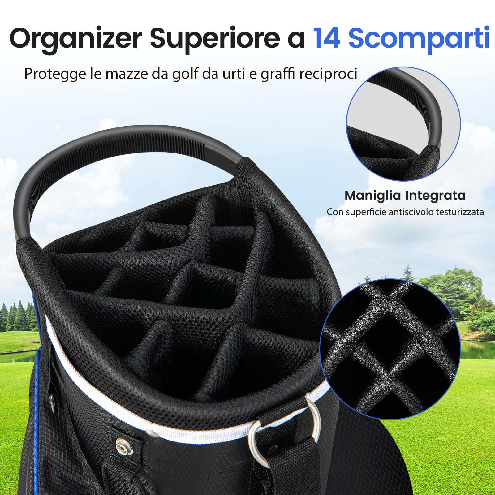 COSTWAY Borsa da Golf con Divisori Superiori a 14 Vie, 9 Tasche, Tasca Termica, Tasca per Scarpe, Porta Ombrello, Doppia Tracolla e Cappuccio Antipioggia, Sacca da Golf per Uomo e Donna