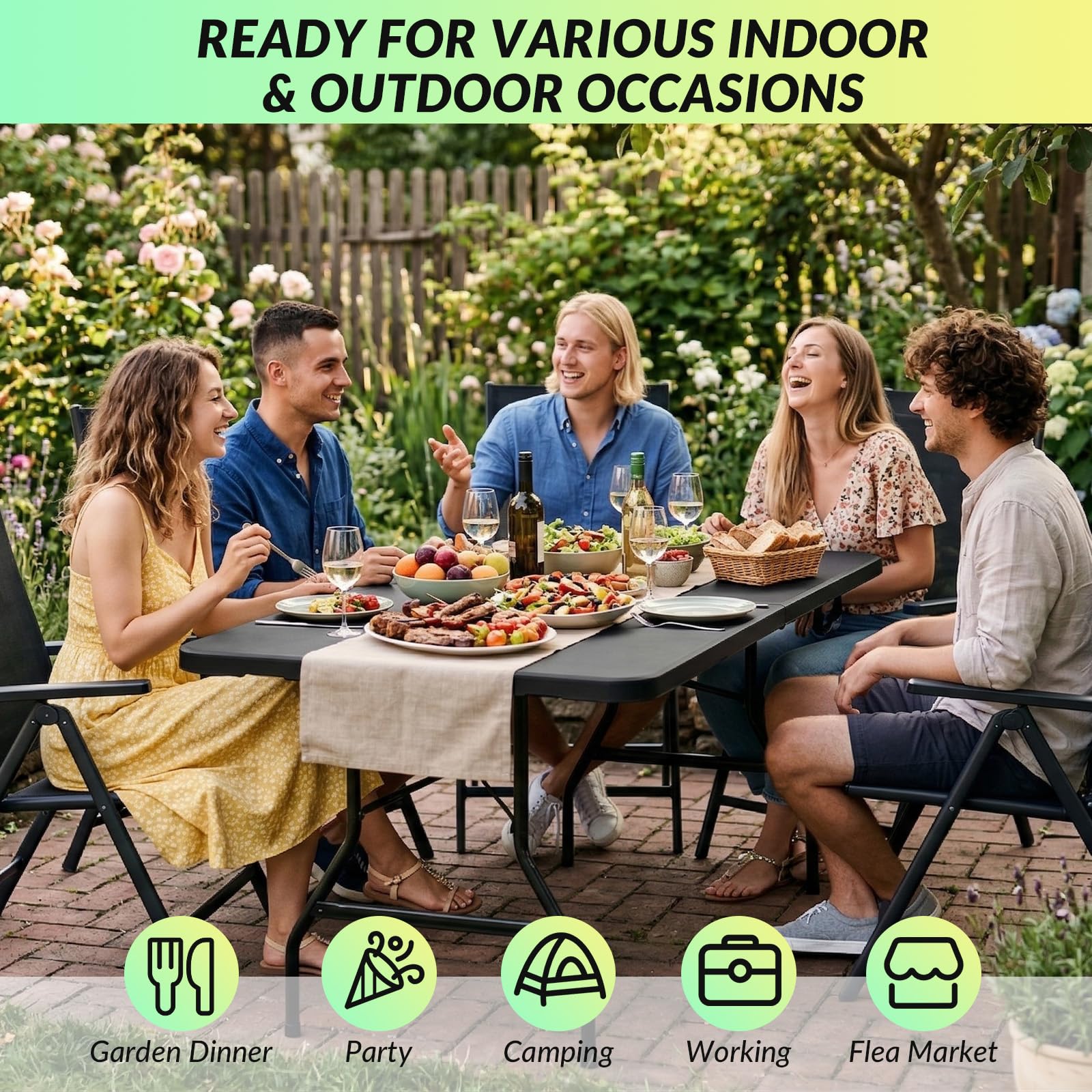 Velway Tavolo Pieghevole da Esterno 180x75x73cm - Portatile Tavolo Pieghevole Campeggio per 6-8 Persone con Maniglia e Blocco di Sicurezza Salvaspazio per Giardino, Feste Buffet, Mercatini - Nero