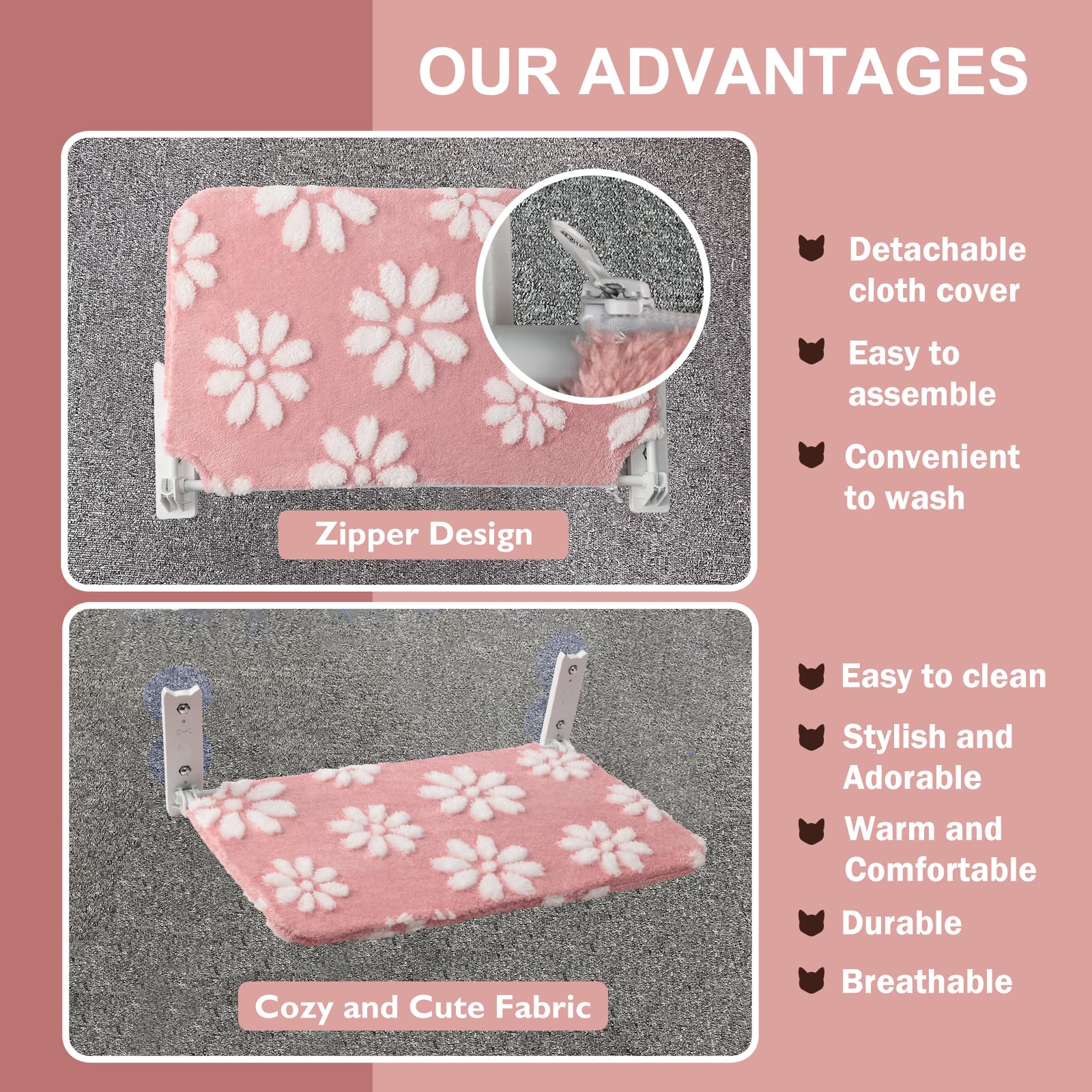 Percha para ventana de gato, hamaca plegable para ventana de gato con bonita cubierta de flores texturizada 3D y ventosas fuertes, cama inalámbrica para gatos de interior (rosa, grande)