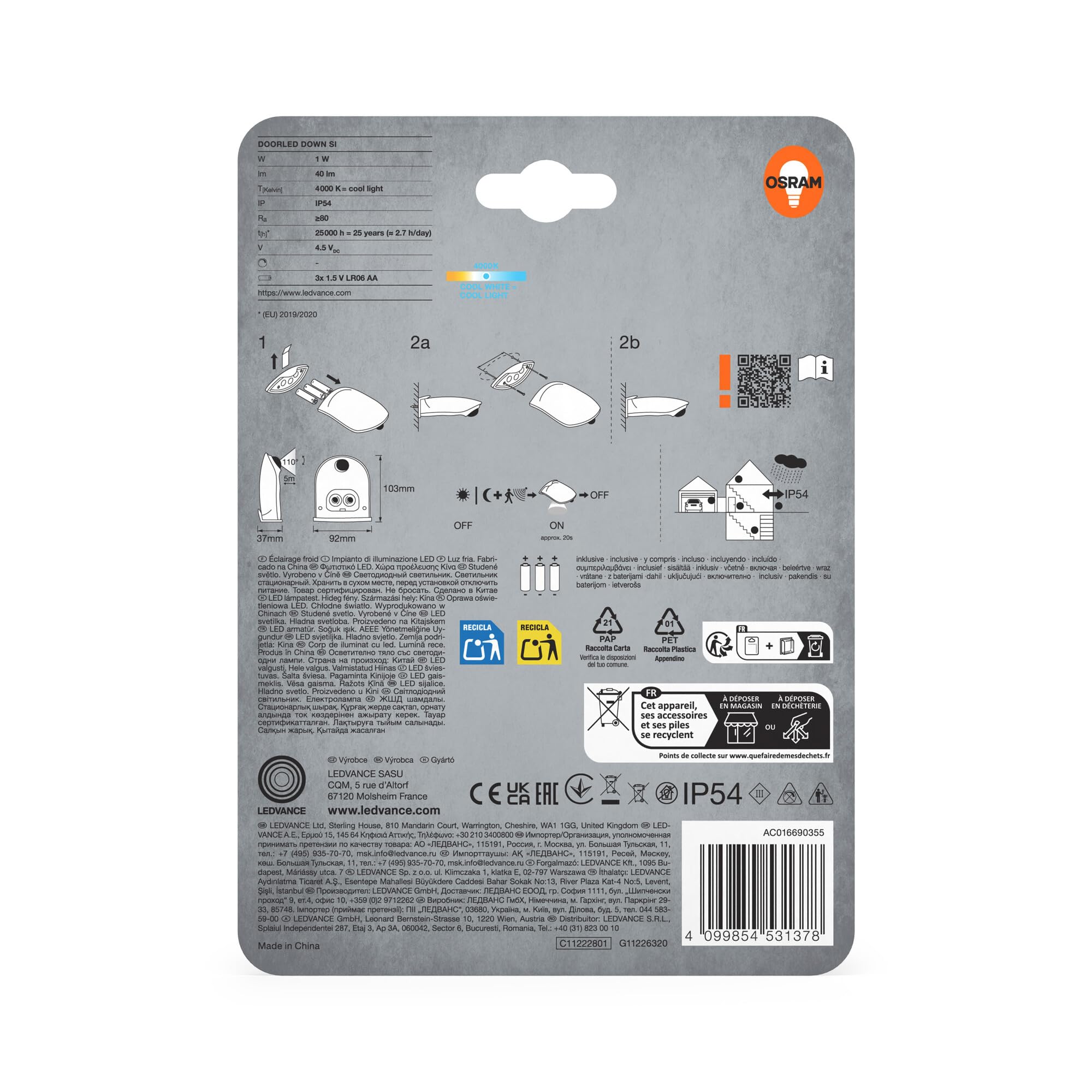 OSRAM Oświetlenie drzwiowe LED z czujnikiem ruchu, zasilane bateryjnie, 4000K, 40lm, 0,95W, IP54, srebrne, do obszarów wejściowych i zastosowań zewnętrznych