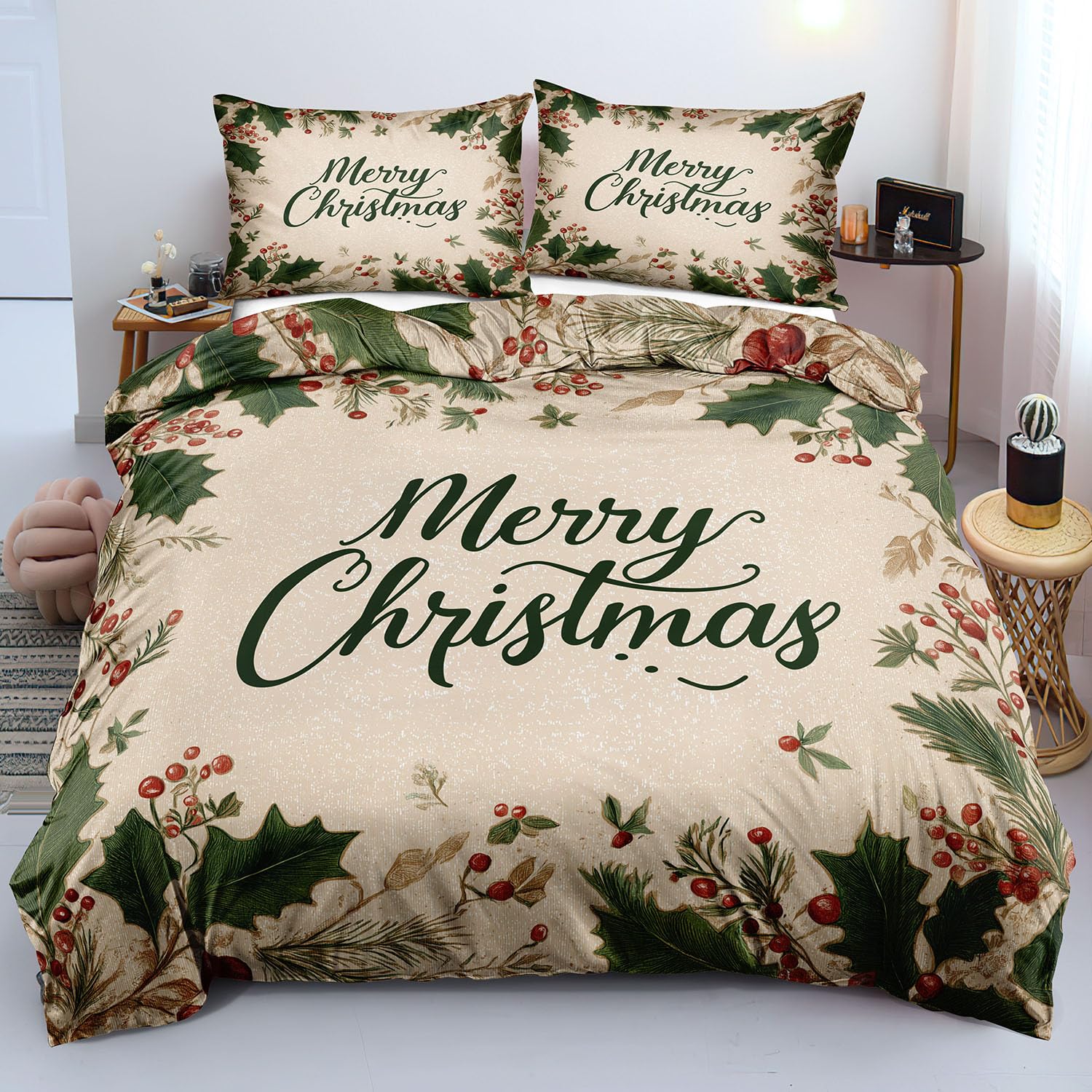 Parure de lit Joyeux Noël avec housse de couette microfibre et motif houx pour lit réversible