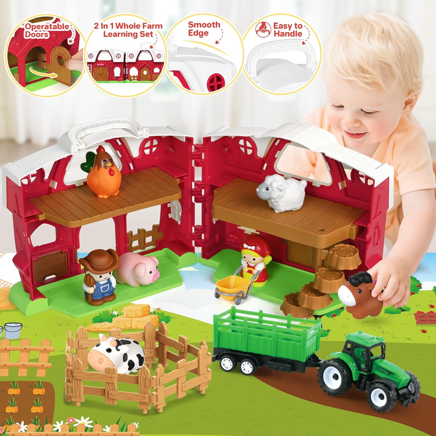 Toddler Toys for 1 2 3 Years Old Boys and Girls, Farm Animals Big Barn Toy, Farm Animal Set with Farms Play Mat, Toddler Educational Montessori Toys, Christmas Birthday Gift for Toddlers Boy and Girl