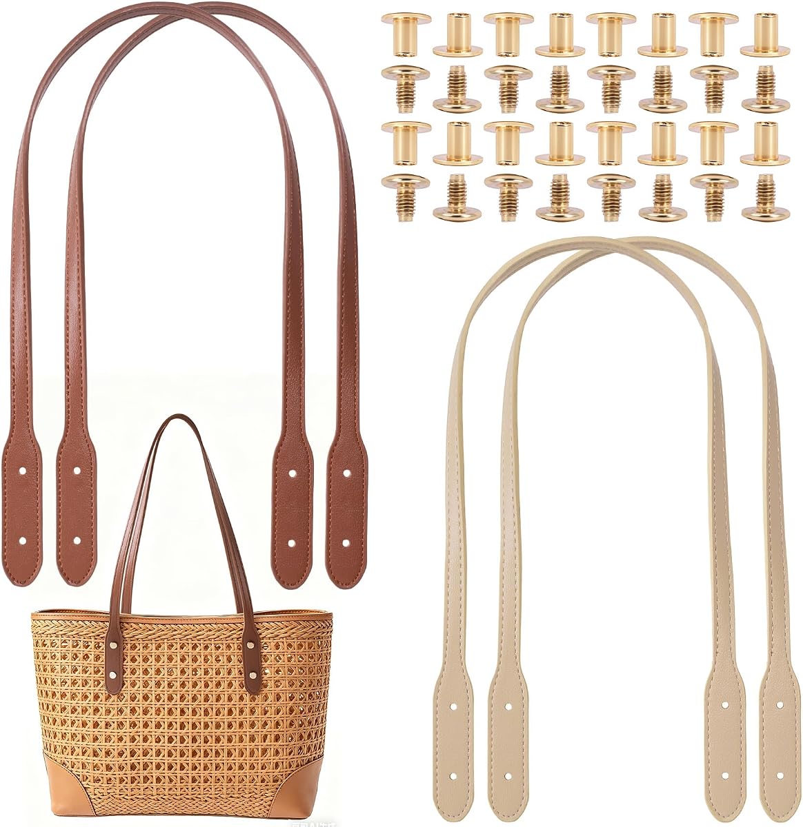 PAGOW 4pcs PU Leather Bag Handles Purse Strap with 16 Sets Rivets, 28.15"