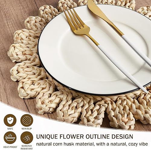 Miniatura 3 de Juego de 6 manteles individuales redondos tejidos de 11.8 pulgadas, hechos a mano, hechos a mano, de ratán natural, bohemio, tejido de ratán,