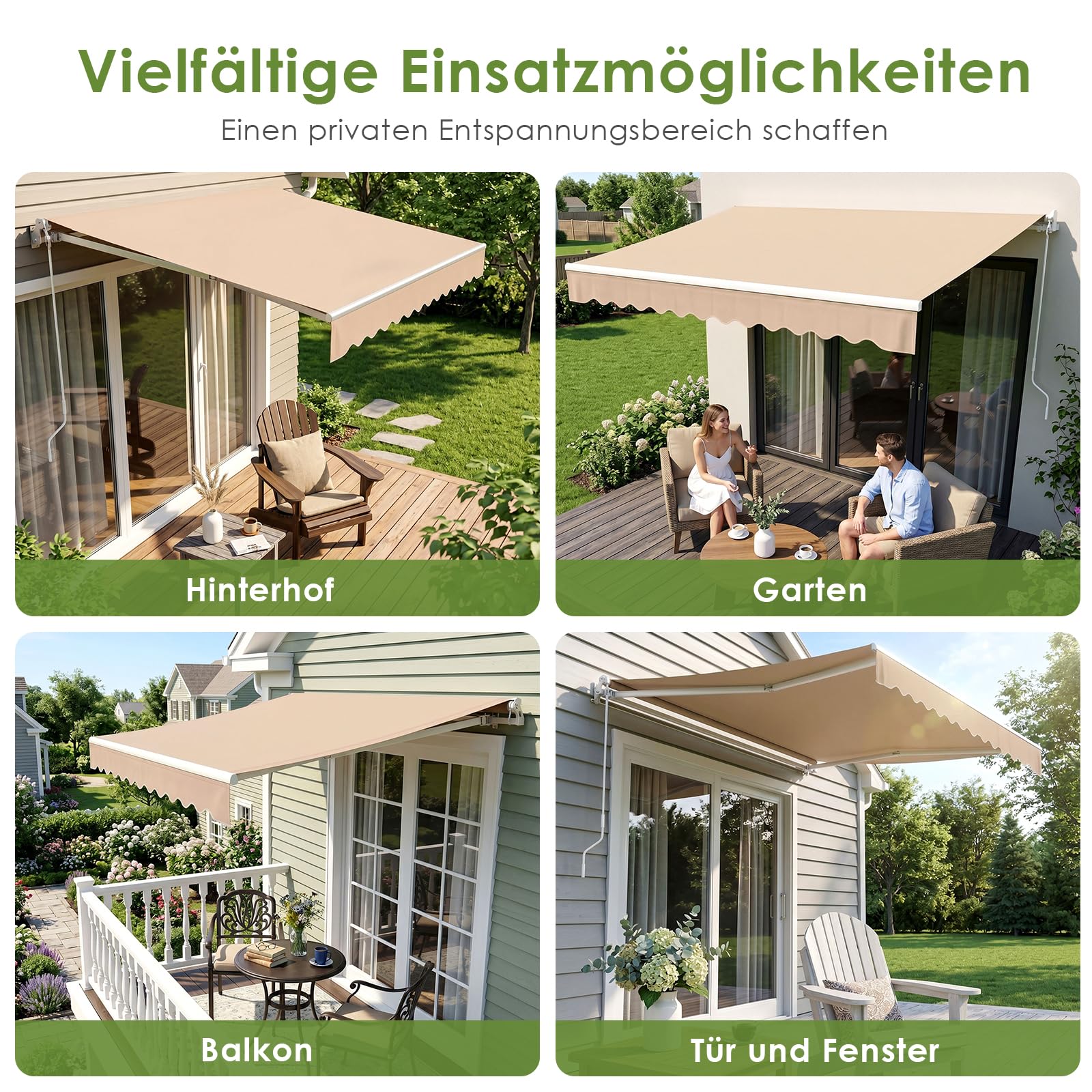 LIFERUN Markiza ramion przegubowych 300 x 250 cm, UPF 50+ & wodoodporna, z korbą & uchwytem ściennym, Regulacja kąta (52-75°), Markiza na Taras & Balkon, Markiza balkonowa Markiza ramionowa Beige