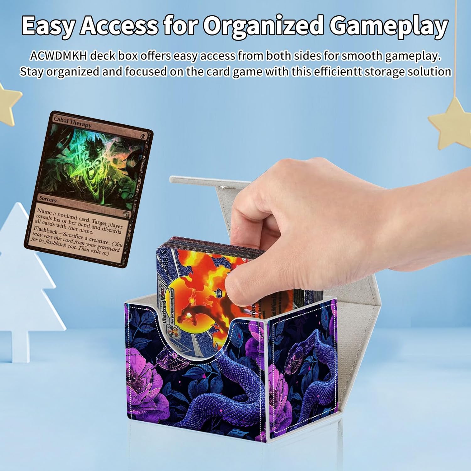 for MTG Commander Deck Box,Card Deck Box for Trading Yugioh MTG,Fits 100 Double Sleeved Cards,PU Leather Strong Magnet Case for Magic Commander TCG CCG,Purple Snake Flower