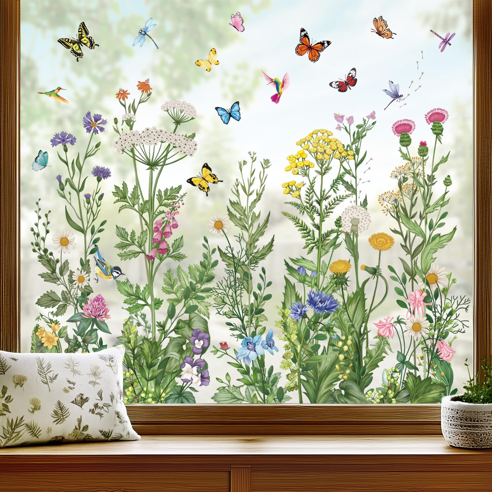 Supzone Fensteraufkleber Wildblumen Schmetterling - Statische Folie 29x60cm 2er Set