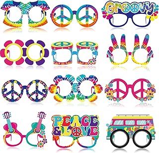 Pajean 36 Pcs 60s Party Decorations 60's Photo Booth Prop 60 Hippie Themed Eyeglasses Paper Glasses Frame Tie Dye Groovy Peace Love Themed Favor for 60's Hippie Birthday Party Favor Supplies