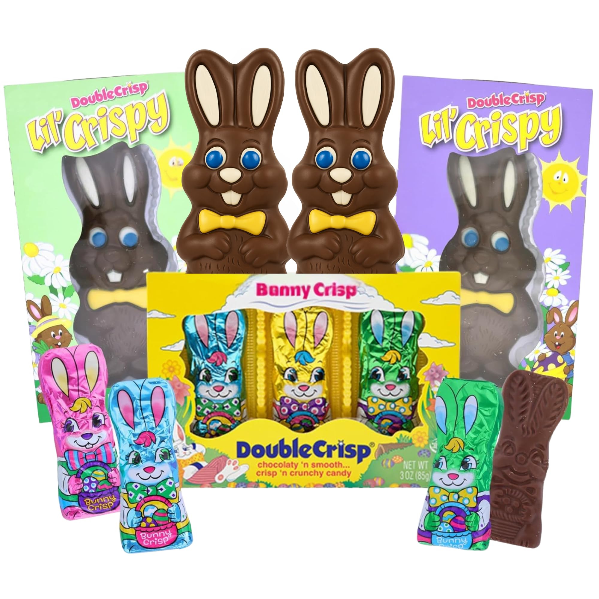 Easter Chocolate Bunny Variety Pack, DoubleCrisp Solid Bunnies and Foil-Wrapped Candies, Gourmet Basket Stuffers, 3 Count (2.5–3 oz Each)