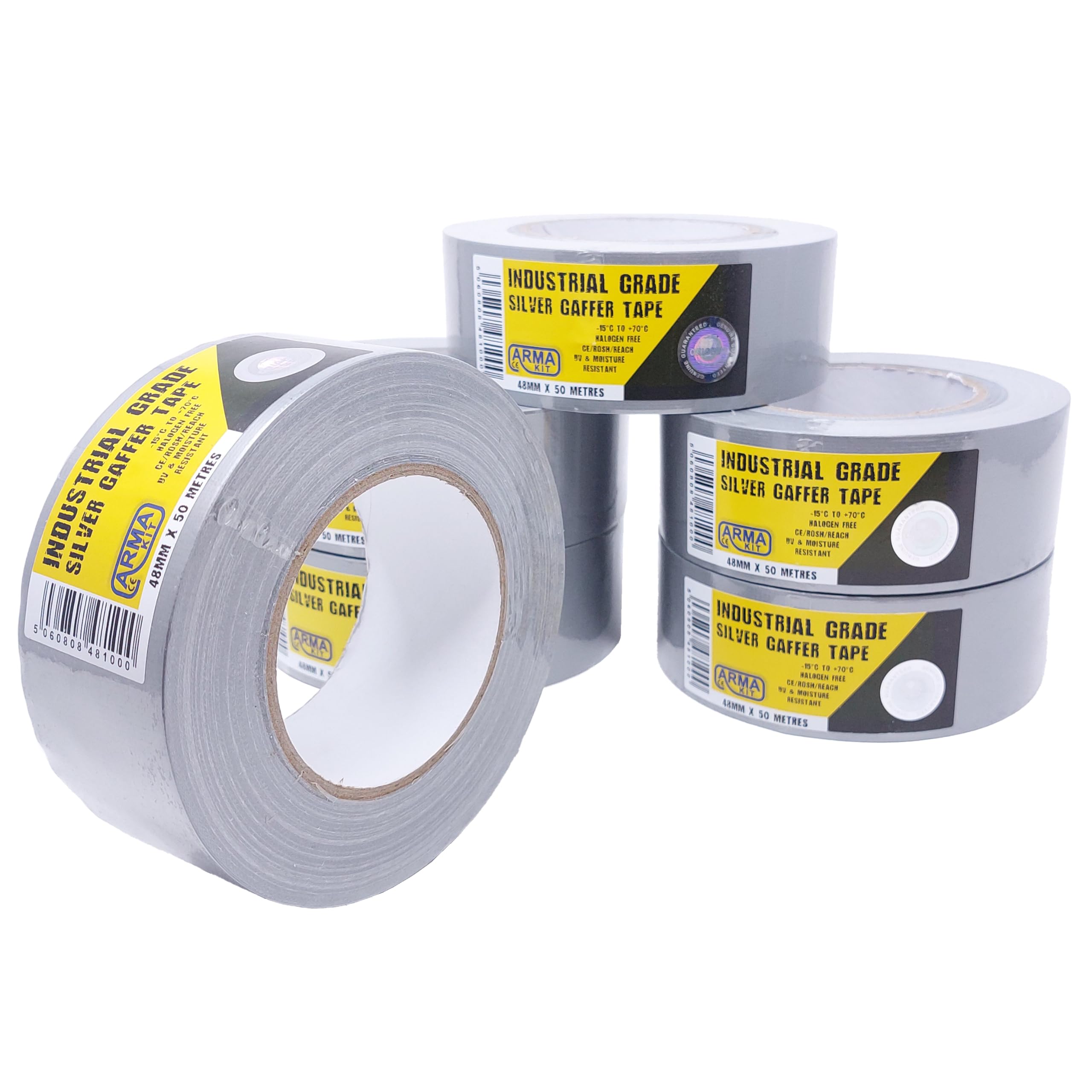 ArmaKit Heavy Duty Duct Tape | 48mm wide x 50M length (6 Pack) | Industrial Tape Grade - Strong Gaffer Tape indoor and outdoor use, thick gaffa tape patch and seal tape (Silver)