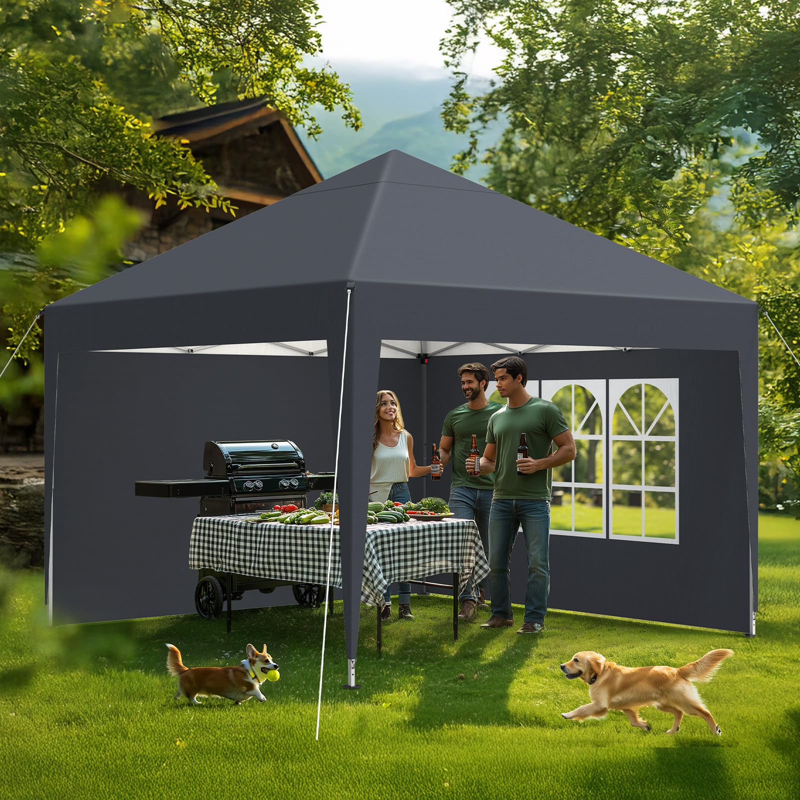 Pavillon 3x3m，Faltpavillon Wasserdicht，Winterfest，UV Schutz 50+，Stabil，Höhenverstellbar，Gartenpavillon mit 4 Seitenwänden、Tragtasche，Faltbar Partyzelt Gartenzelt für Outdoor Garten Party,Anthrazit