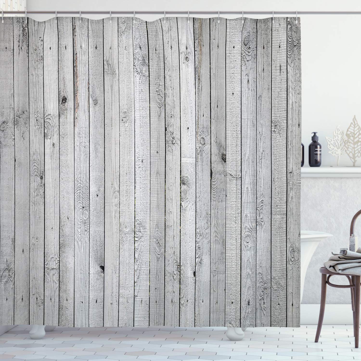 ABAKUHAUS Grey and White Shower Curtain, Vertical Lines Wooden Board Background Black and White Tone Vintage Planks Picture