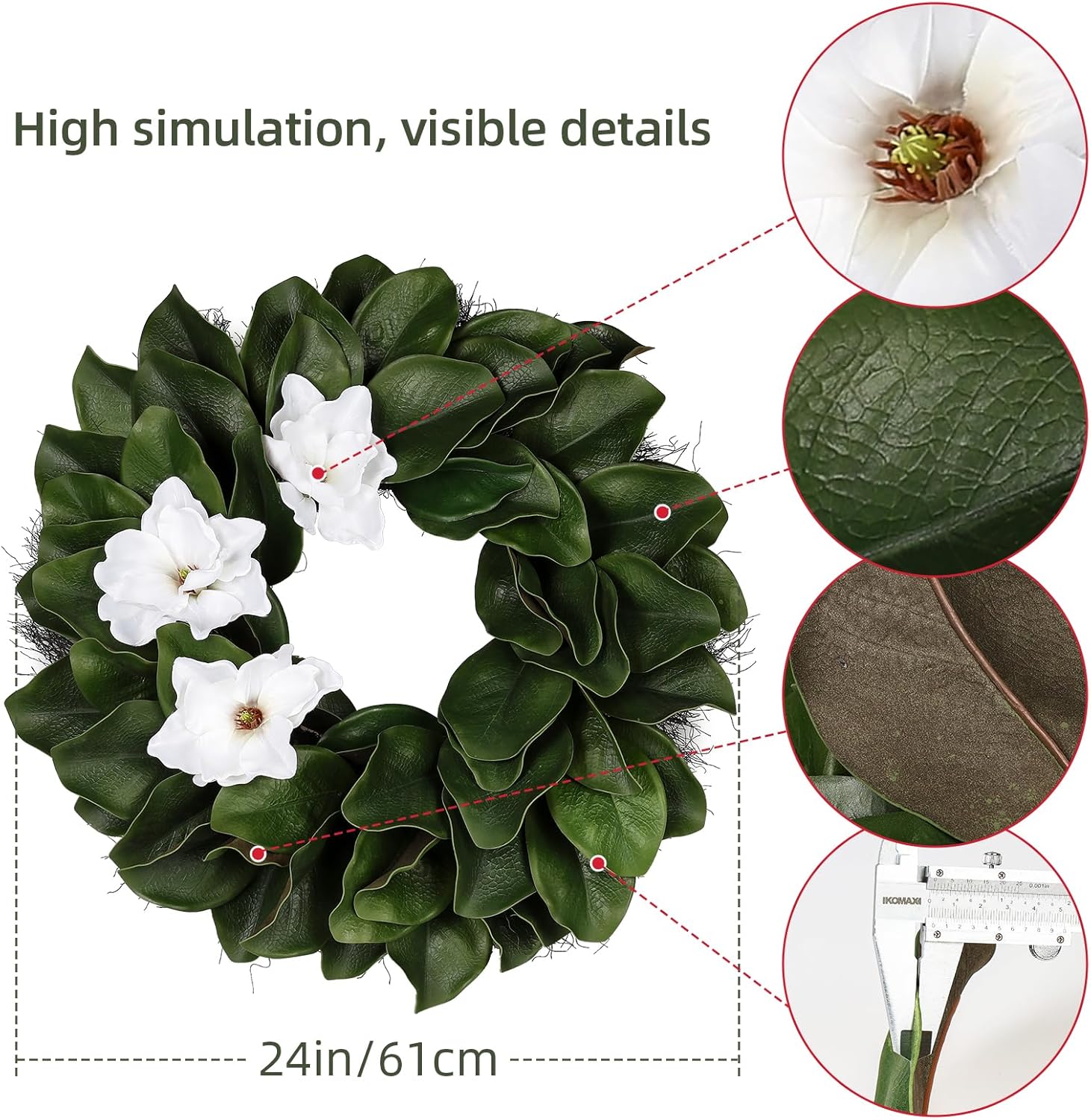 24 Inch Artificial Magnolia Wreath for Front Door, Green Leaf Wreath with Sash Ribbon, All Season Farmhouse Indoor Outdoor Decor, Wedding Holiday Housewarming Birthday Gift for Mom