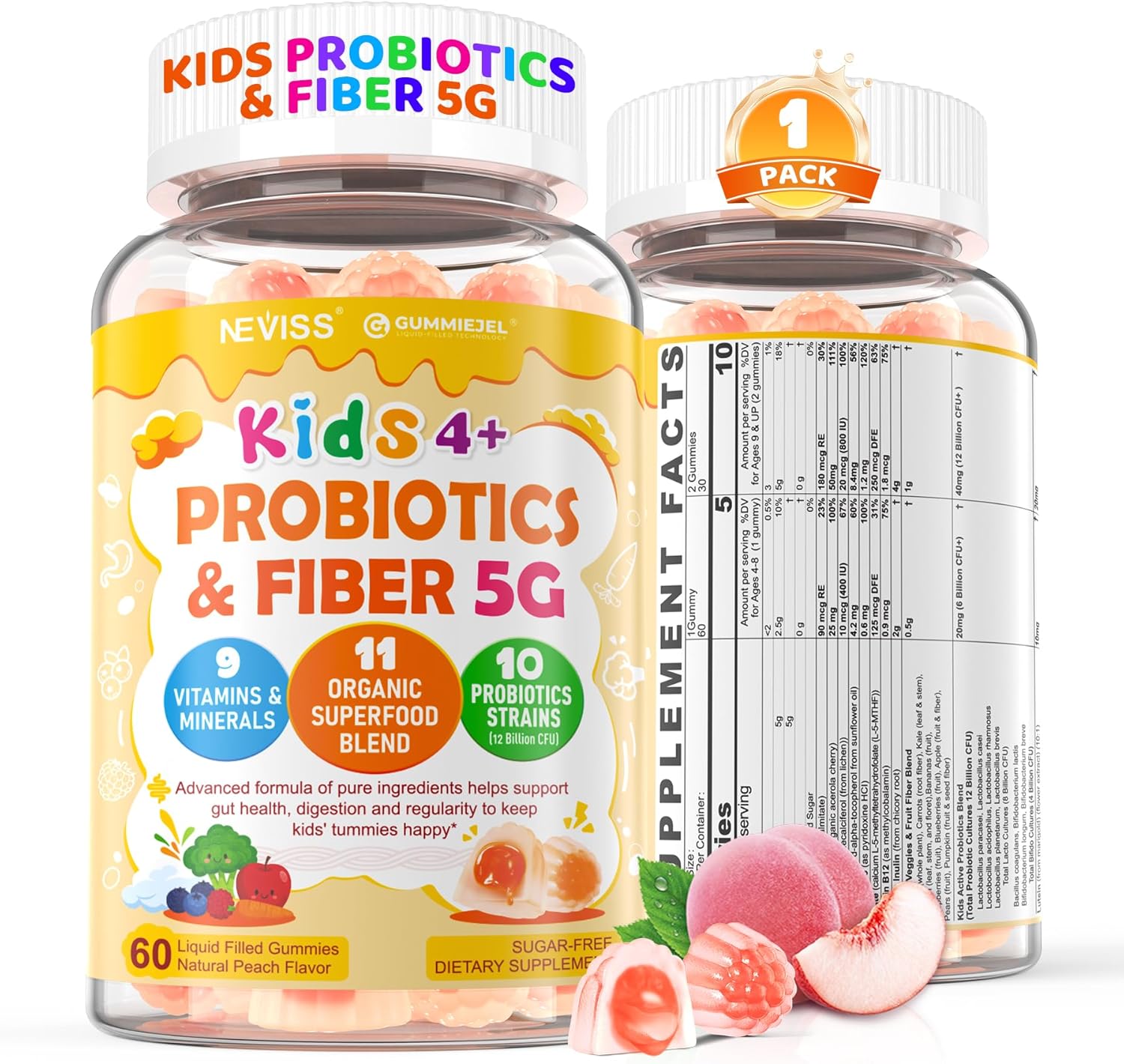 Probiotics for Kids Teen + Veggie & Fruit Fiber Gummies, with 12 Billion CFU Probiotic, Organic Inulin Prebiotics Fiber, Methyl B12 B6 C for Children’s Digestive & Gut, Immune Health, Sugar Free,60Cts