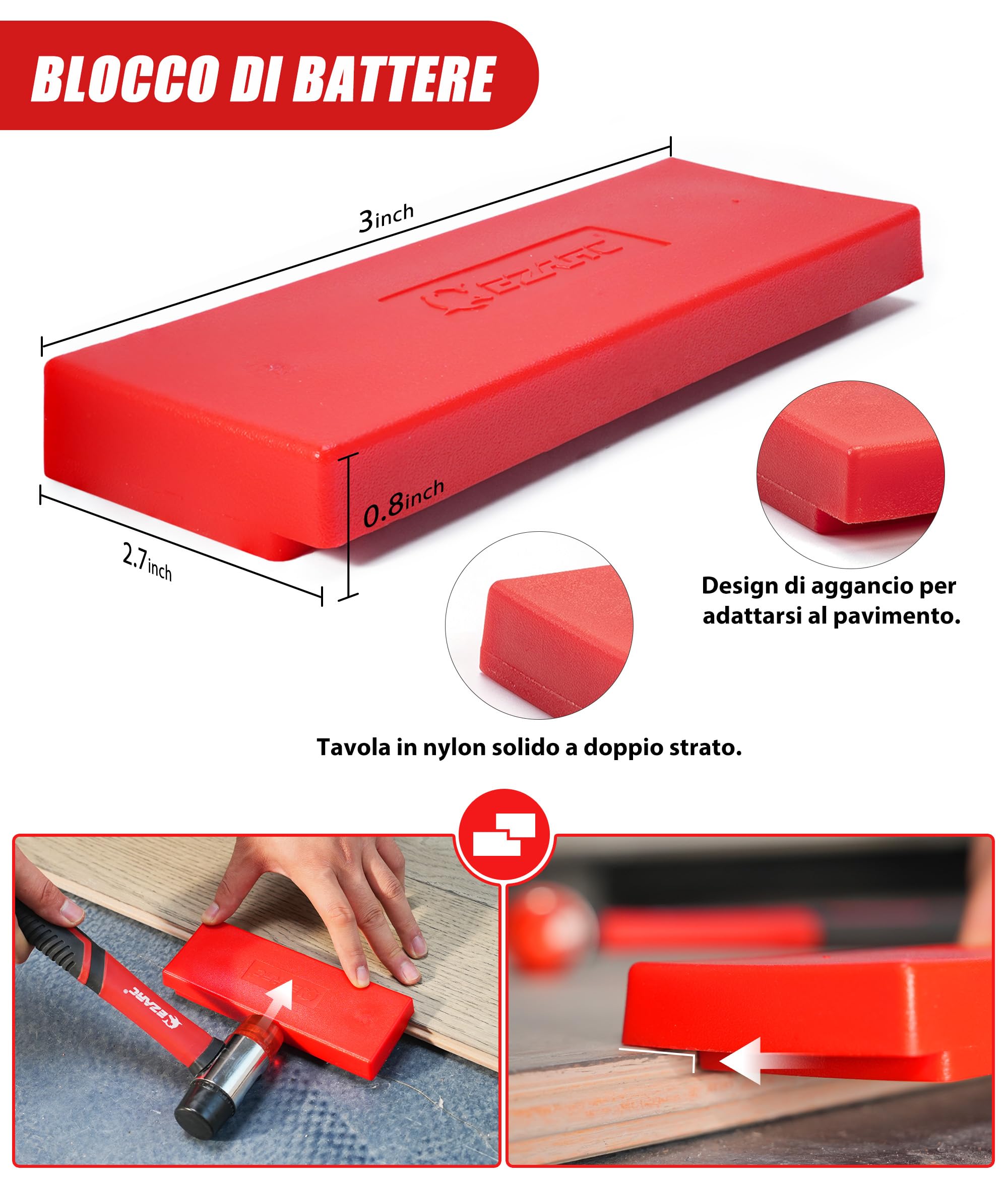 EZARC Kit di strumenti per pavimenti in laminato rinforzato, con martello a doppia faccia, barra di trazione pesante, blocco di battitura, ginocchiere, cuneo e 50 distanziatori per pavimento.