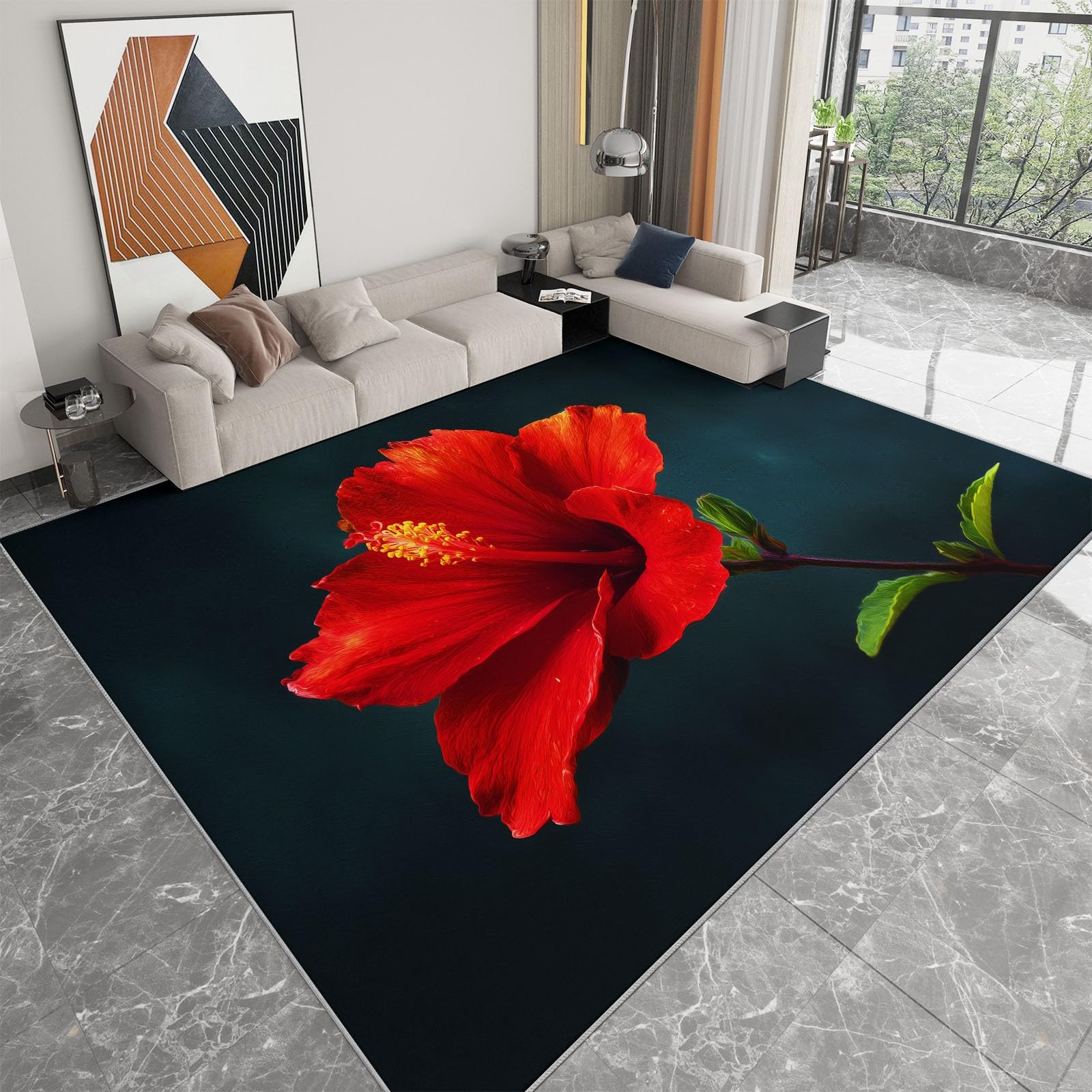 Genérico Dywan można prać w pralce 80 x 150 cm, antypoślizgowy i antypillingowy dywan rośliny czerwony hibiskus - dywan miękki surrealizm do salonu sypialni jadalni przedpokoju i kuchni