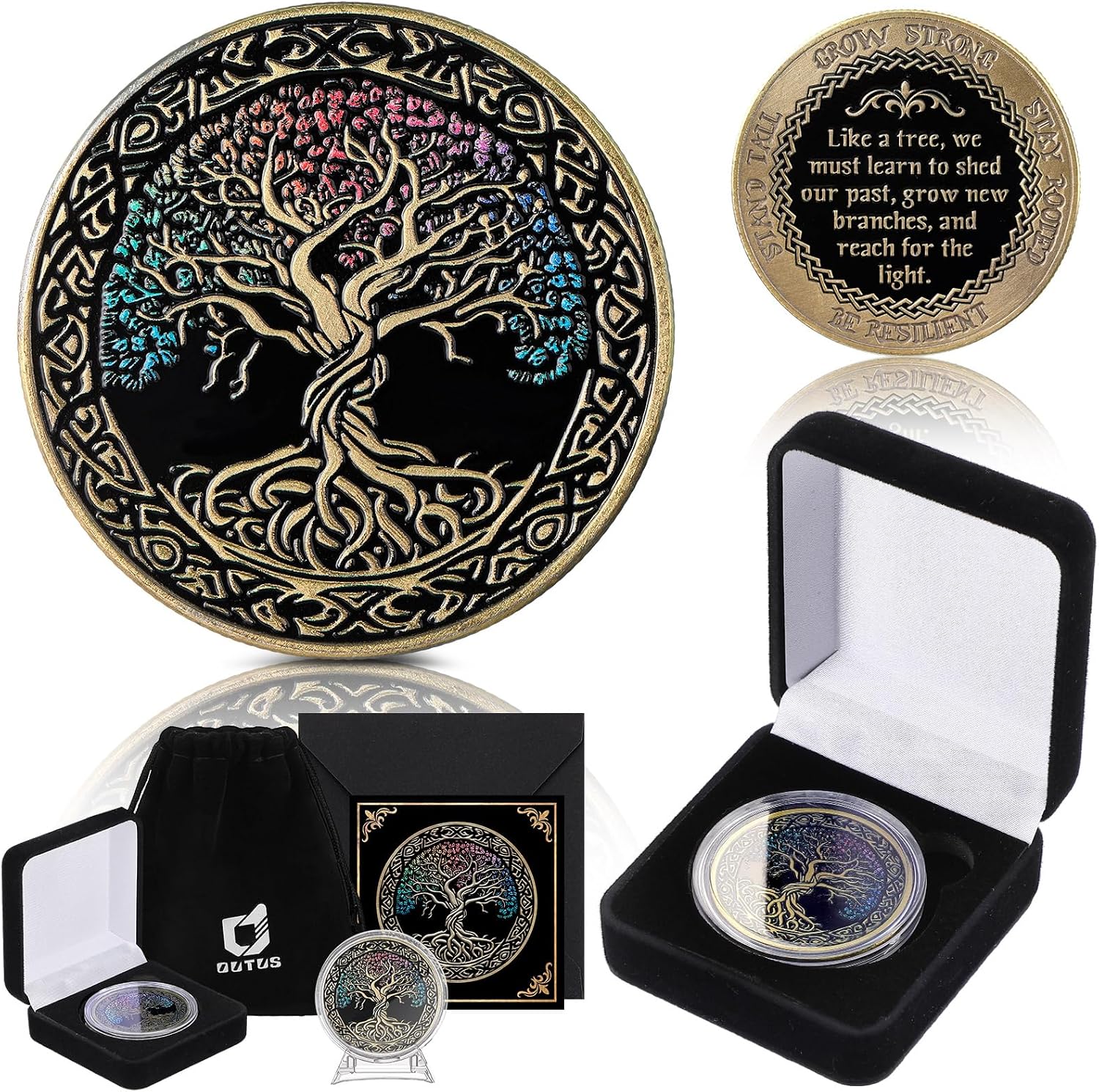 Outus 6 Pcs Affirmation Sobriety Coin Gift Tree Chip Medallion with Coin Capsule Display Stand Card Gifts for Anniversary Month Year for Men Women in Recovery