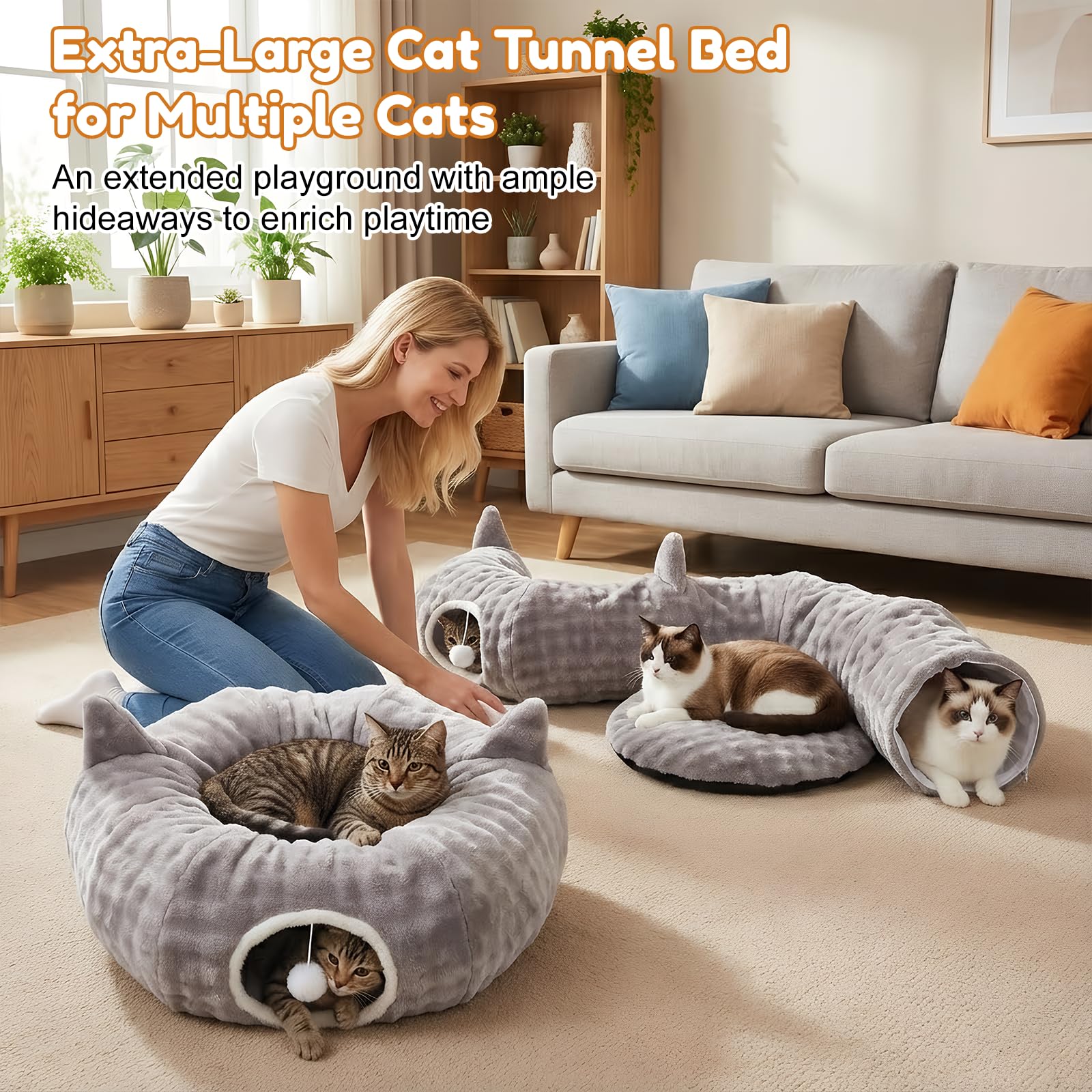 Tunnel per Gatti, Tunnel Gatto e Cuccia 2 in 1 con Giocattoli Pendenti, Tunnel Gatto con 2 Ingressi, Cuscino Circolare Lavabile, Tubo per Gatti Gioco Pieghevole per Gattini/Cuccioli/Conigli