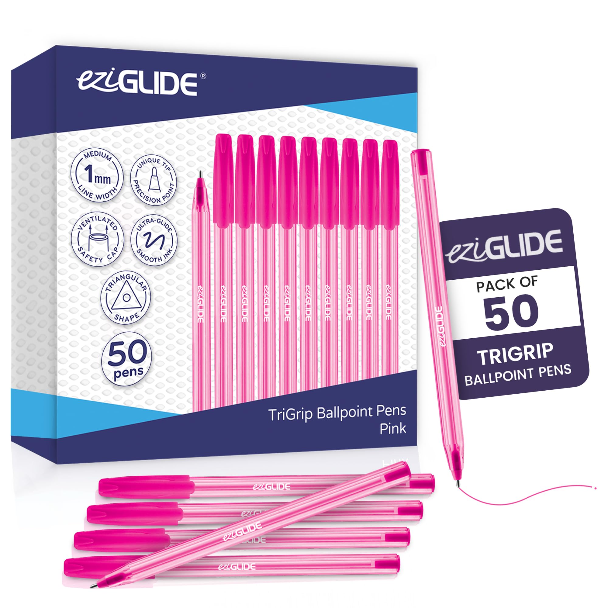 Eziglide TriGrip Ballpoint Pens Pink Ink 50-Pack, Pink Ballpoint Pens Multipack, Medium Point (1.0mm) for Smooth Handwriting & Consistent Flow Triangular Barrel Black Pens for School, Home & Office