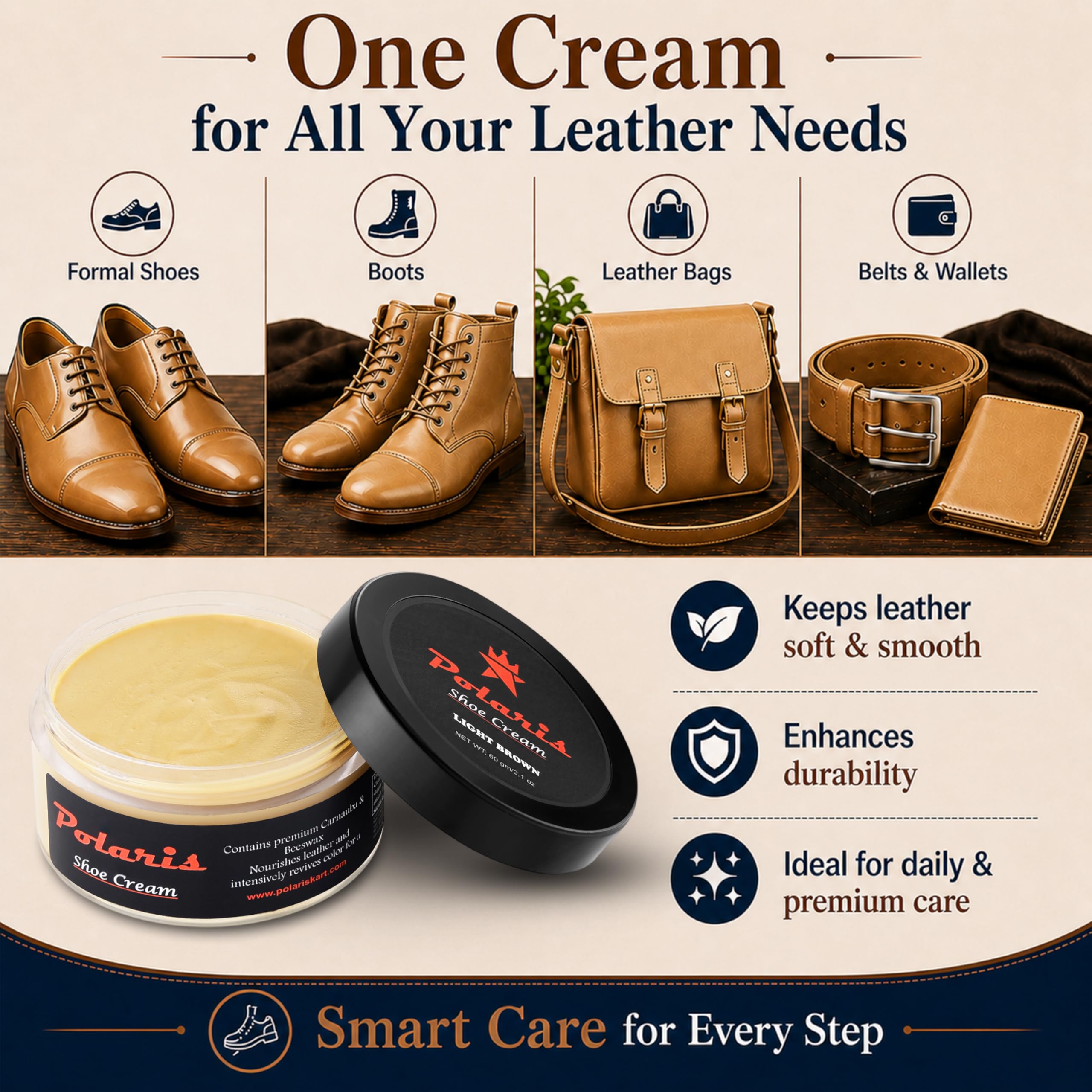polaris Shoe Cream Light Brown 60gm | Premium Leather Shoe Polish & Shoe Shine Cream | Long Lasting Leather Conditioner Shoes & Shoe Color Restorer for Formal Shoes, Boots, Bags & Belts 2
