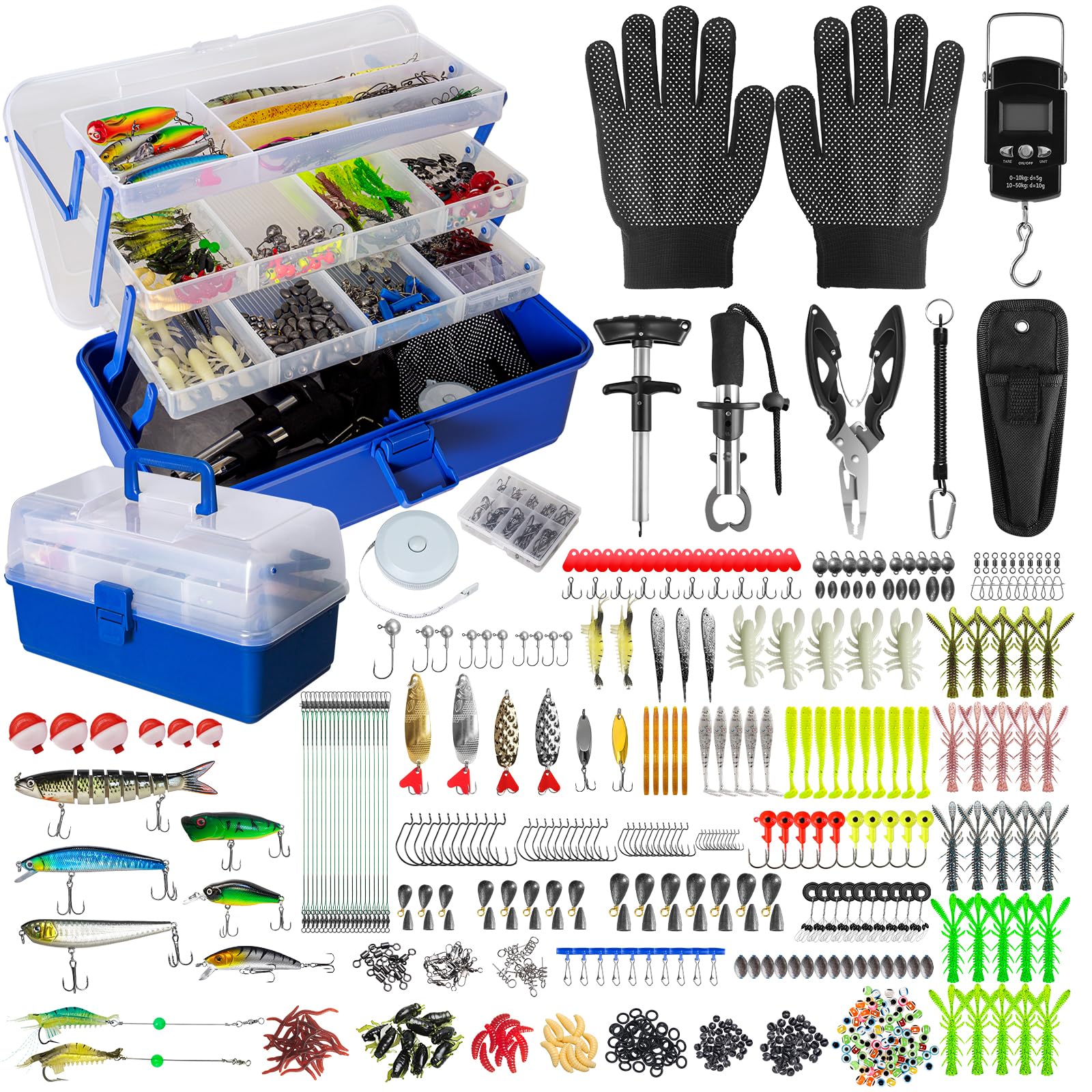 Angelköder-Set, 4-lagig, mit Zubehör, 617-teiliges Angelköder-Set, inklusive Lineal, Handschuhen, Werkzeug, Köder, Haken und Zubehör, Süß- und Meerwasserbarsch, Forellen, Angelausrüstung, Geschenke
