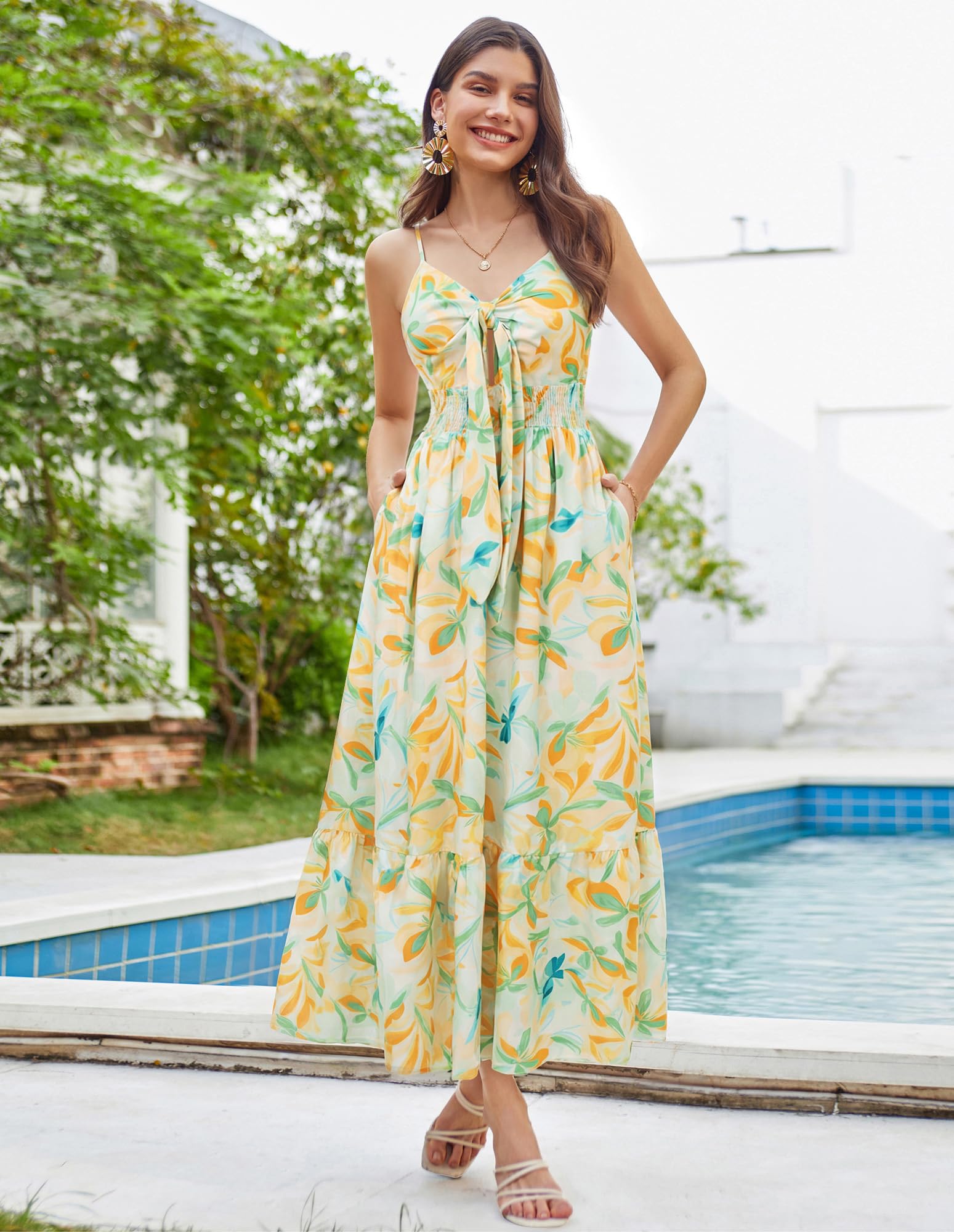 GRACE KARIN Donna Vestito Lungo Spaghetti Straps Scollo a V Vita Elastica Abito a Linea A