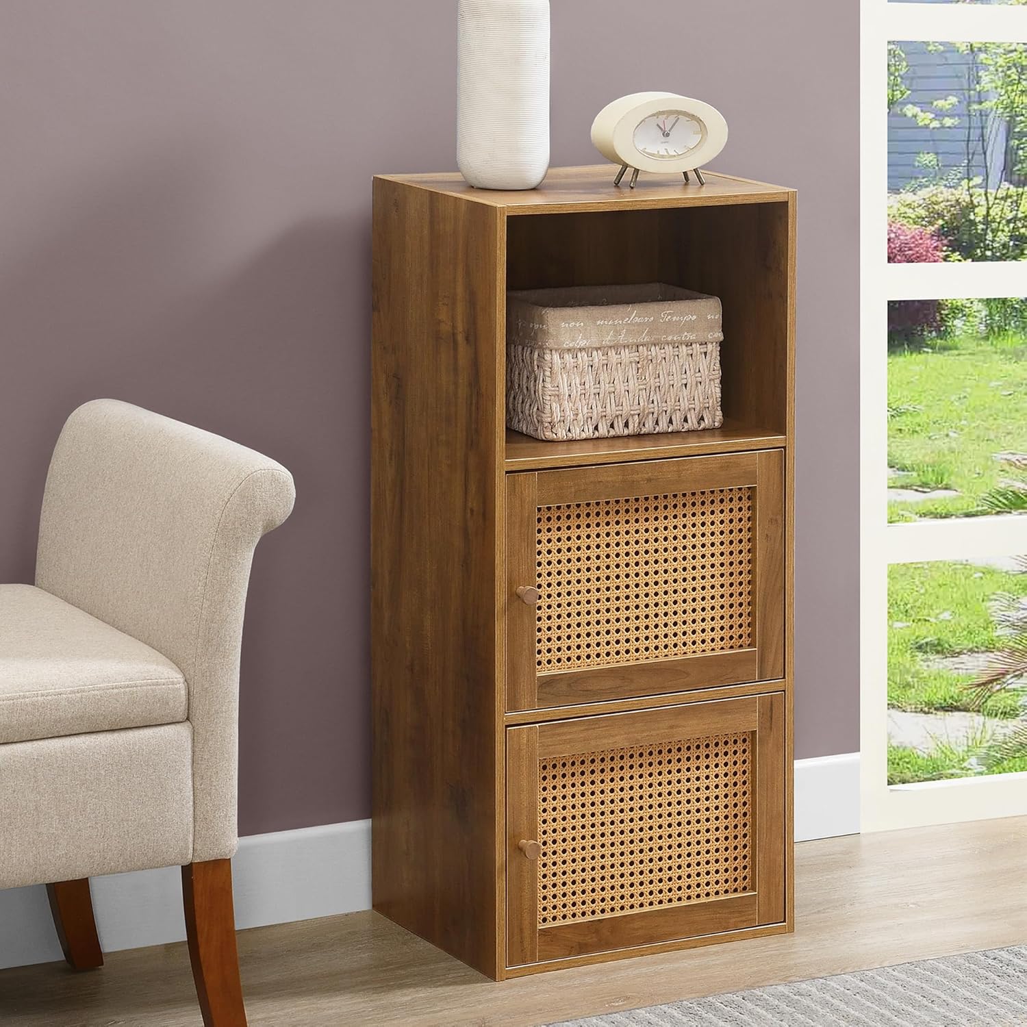 Convenience Concepts Xtra Storage Boho Weave 2 Door Cabinet 16.5" - Modern Storage Organizer with Shelf, 2 Cabinet Doors, for Living Room, Bathroom, Office, Den, Brown Autumn Haze/Beige Barley