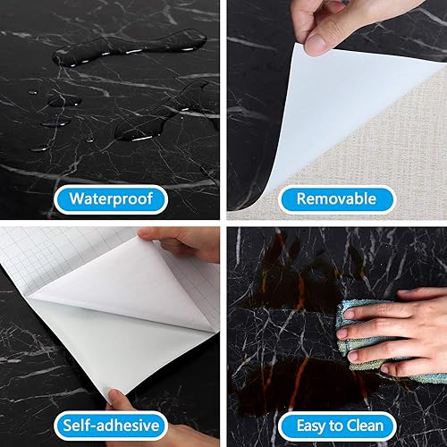 Miniatura 9 de CRE8TIVE Papel de contacto de mármol negro para encimeras, papel tapiz de mármol brillante impermeable para despegar y pegar, autoadhesivo, rollo de